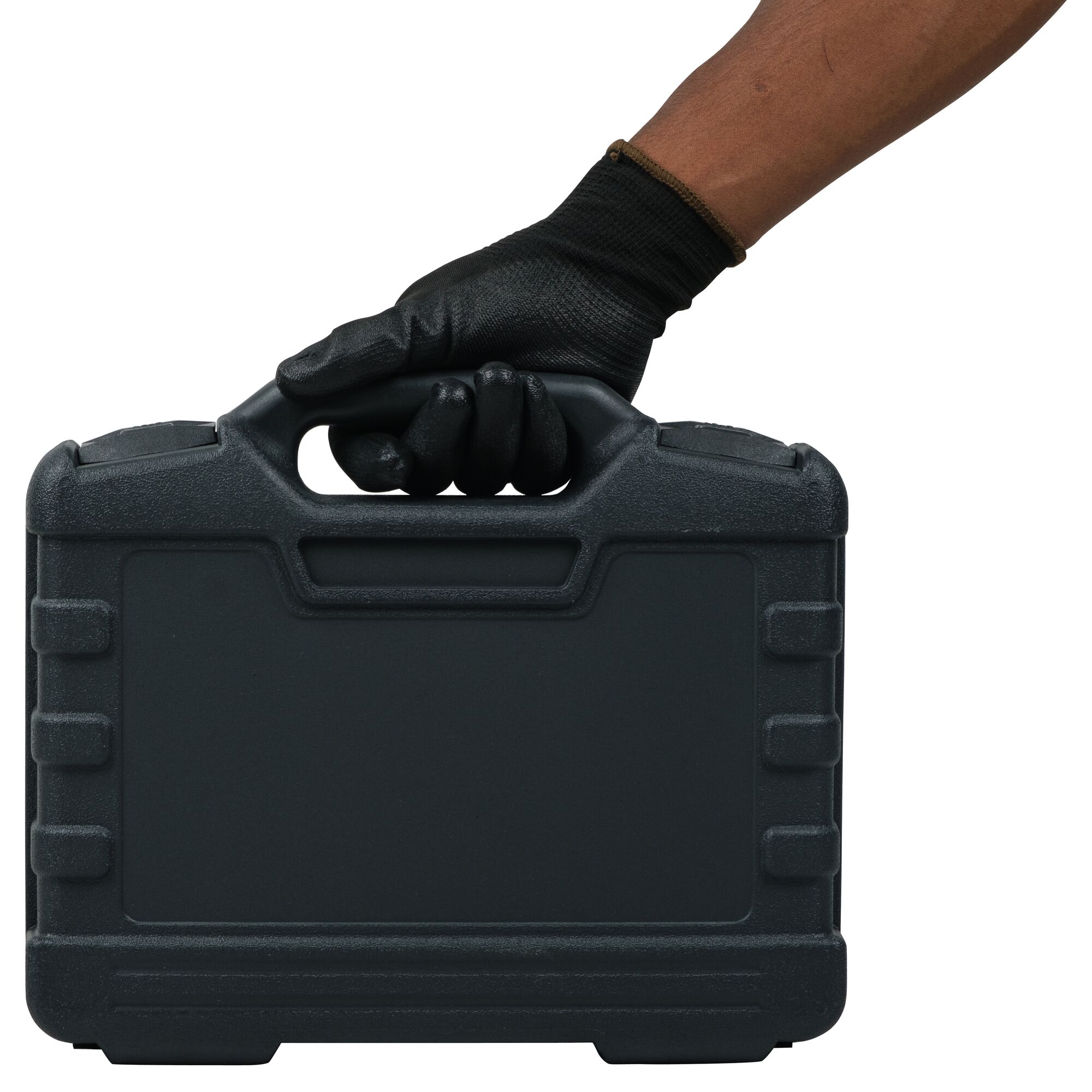 STANLEY STHT74981 black hard case held by gloved hand, front angle, tool storage category.