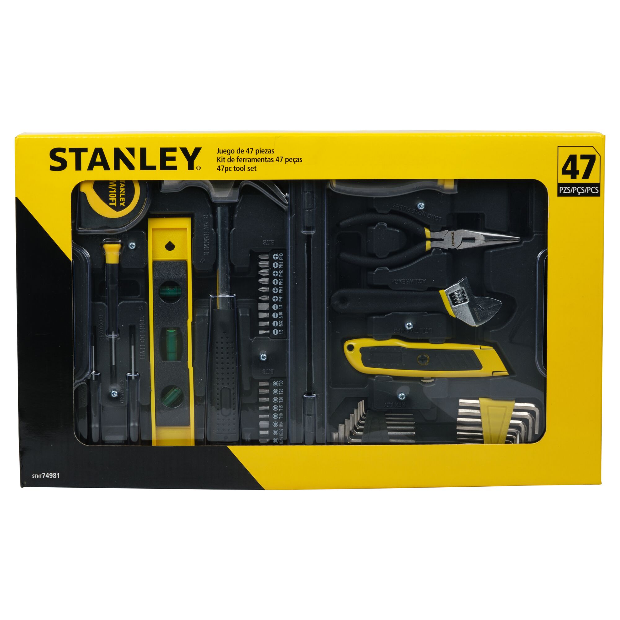 STANLEY STHT74981 47-piece tool set in yellow and black box, front angle photography.