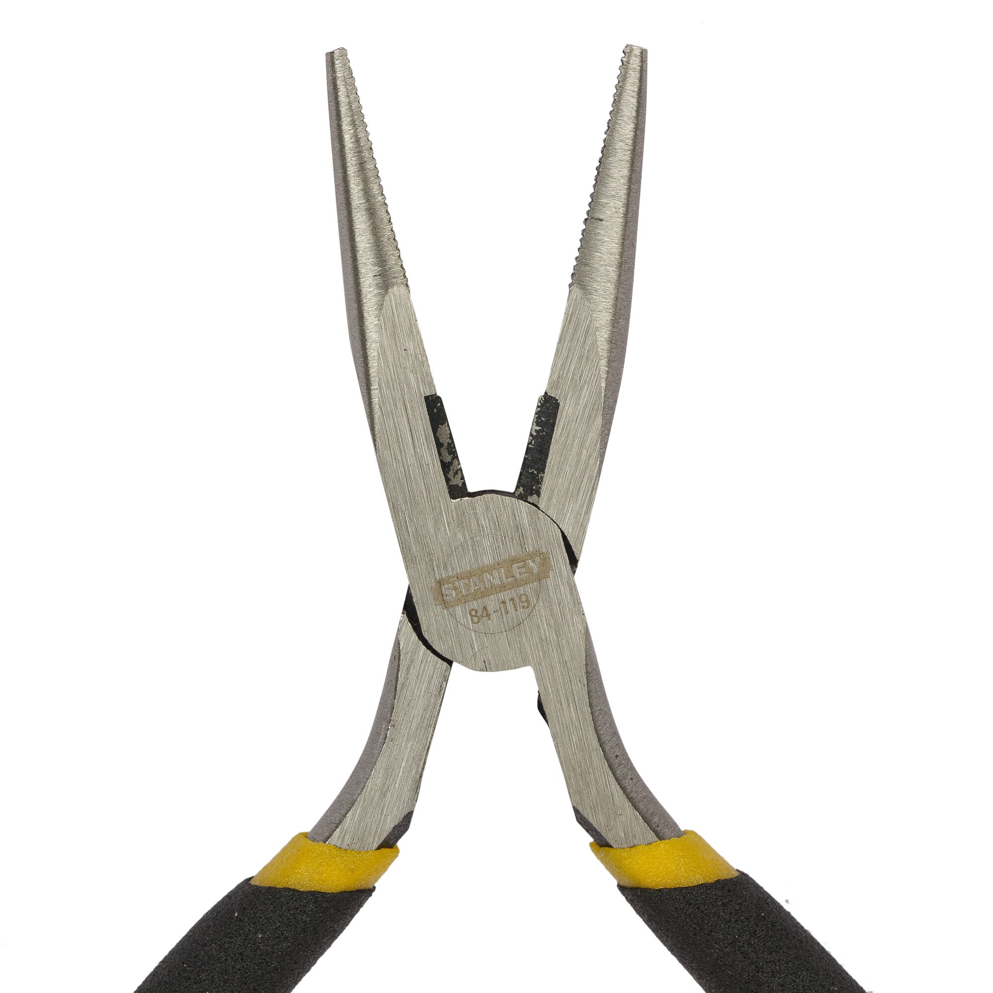 A close-up image of Stanley STHT84119-8 long nose pliers with black and yellow handles, used for gripping and manipulating objects.