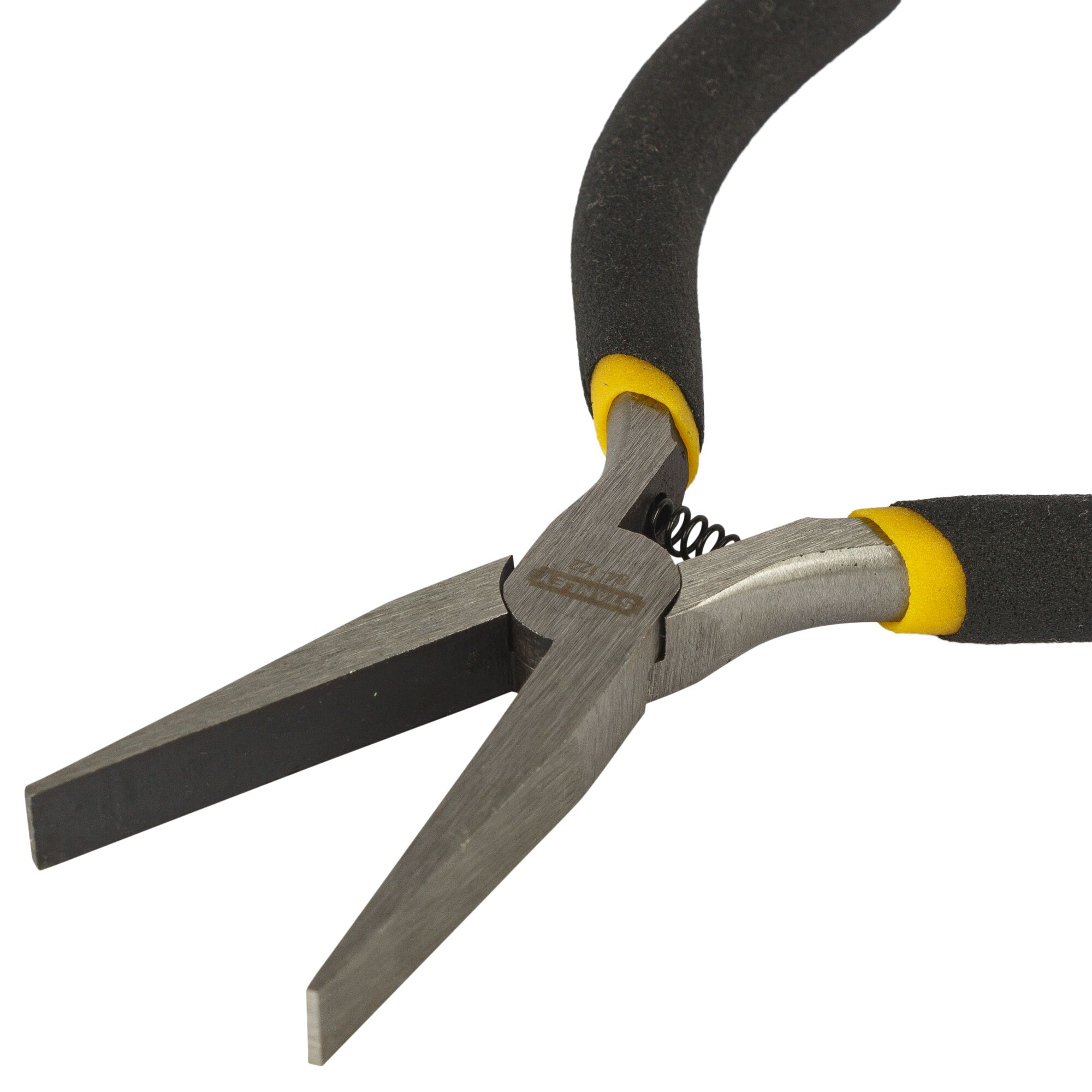 A close-up image of a pair of Stanley long nose pliers with black and yellow cushioned handles and a metal body, suitable for precision work in photography and other tasks.