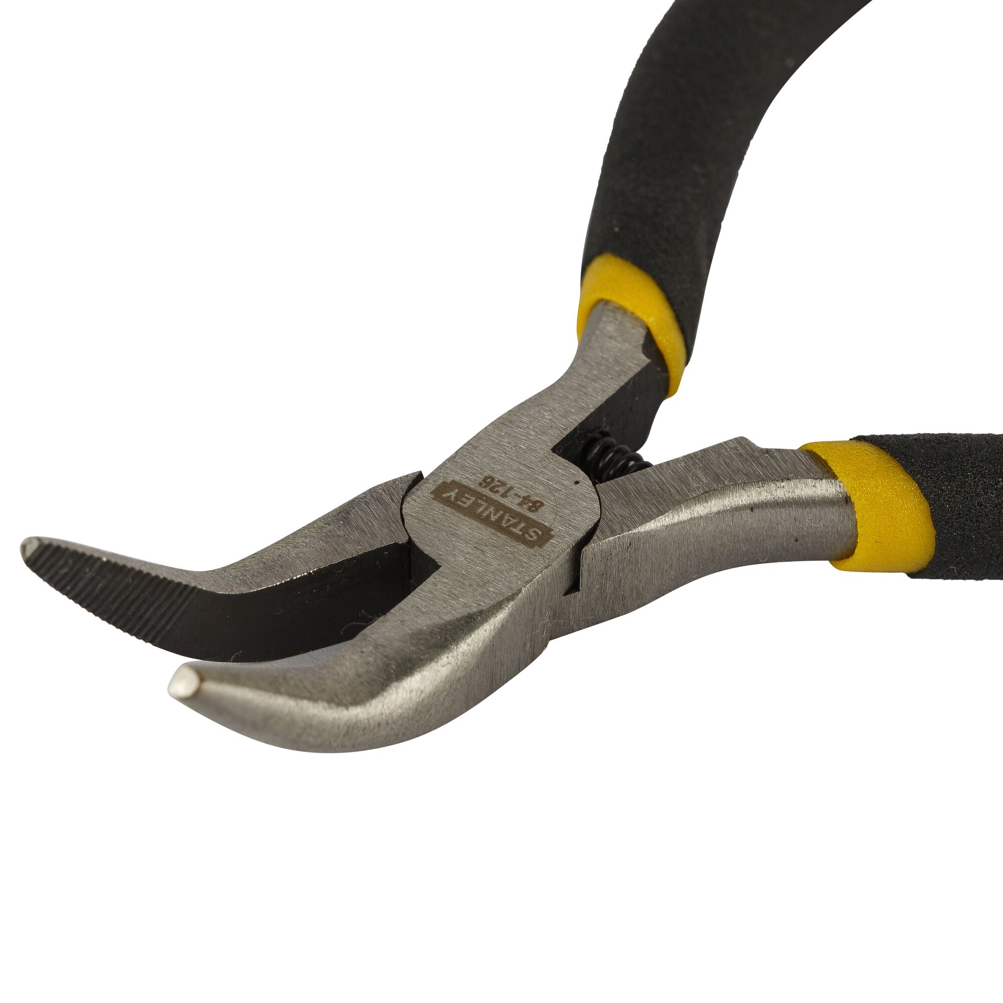 Close-up image of a STANLEY STHT84126-8 bent nose pliers with black and yellow handles, suitable for precision work.