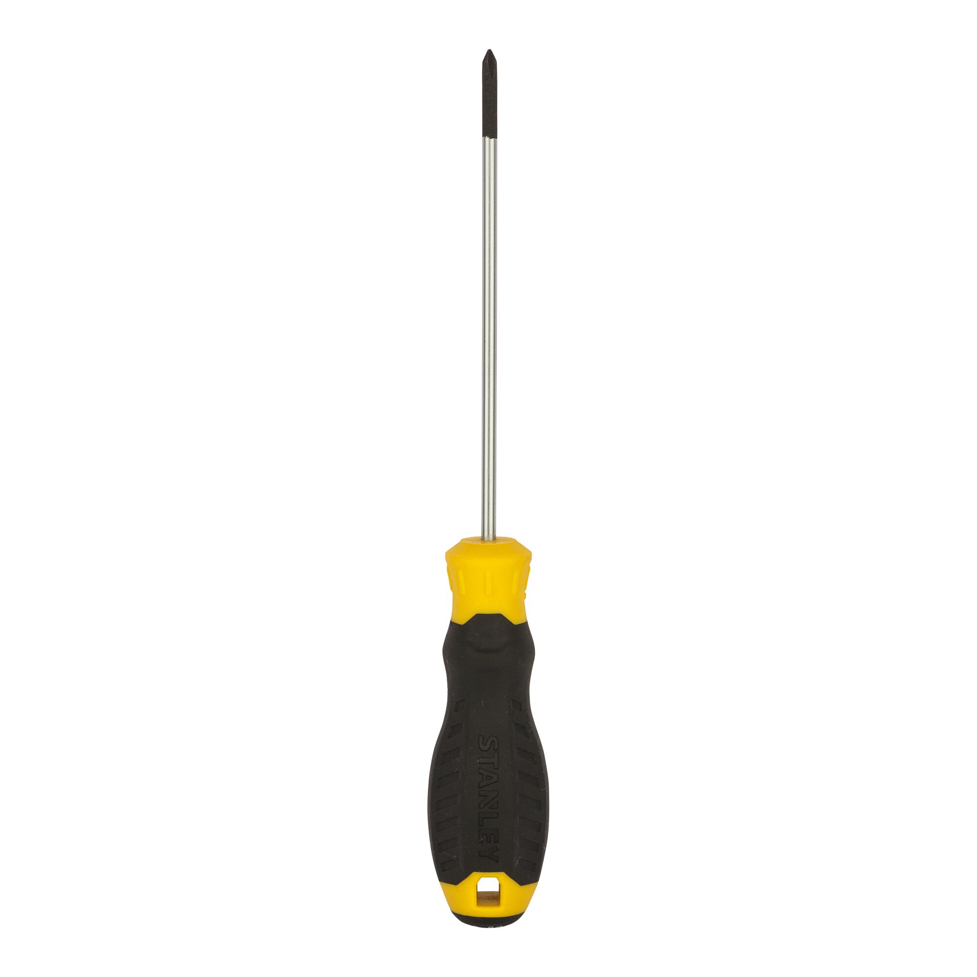 Photo of STANLEY STMT60801-840 Phillips screwdriver, yellow and black handle, front view on white background.