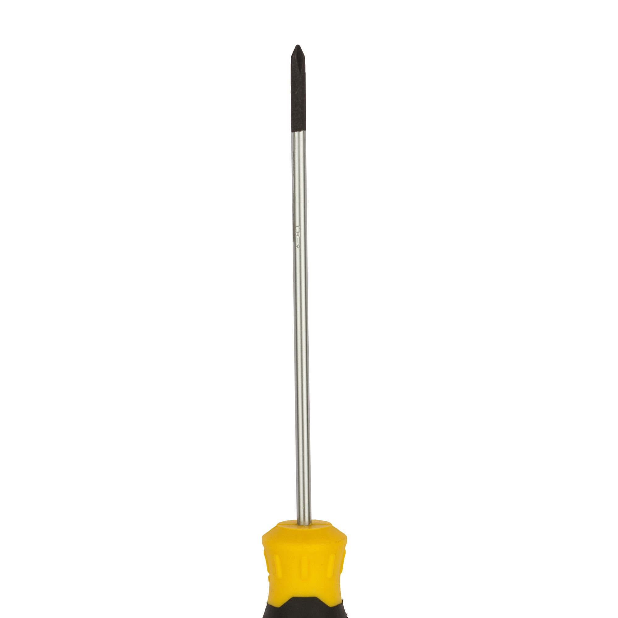 A Phillips-head screwdriver with a yellow and black handle and a metal shaft, photographed against a white background.