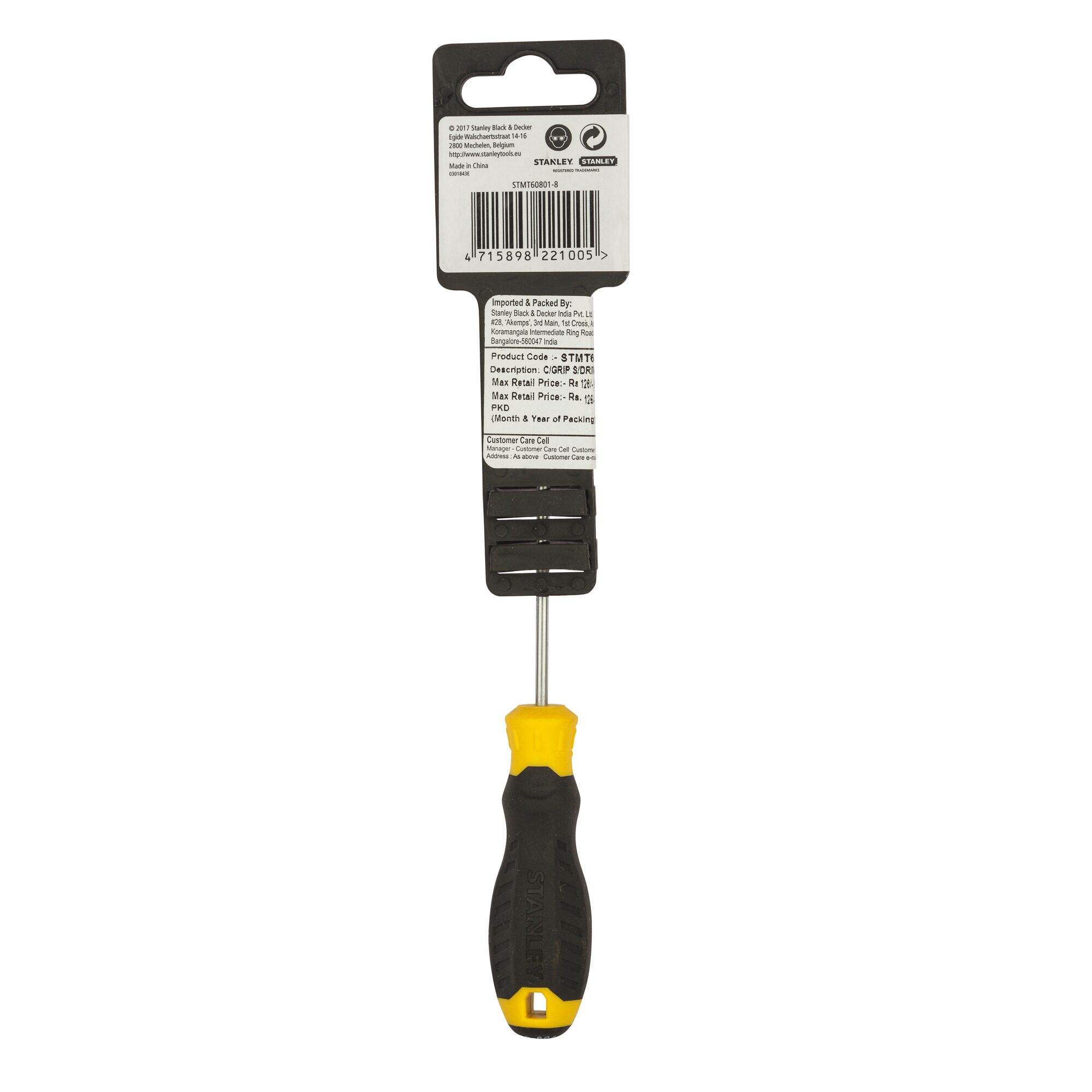 STANLEY STMT60801-840 screwdriver with black and yellow ergonomic handle, rear view on white background.