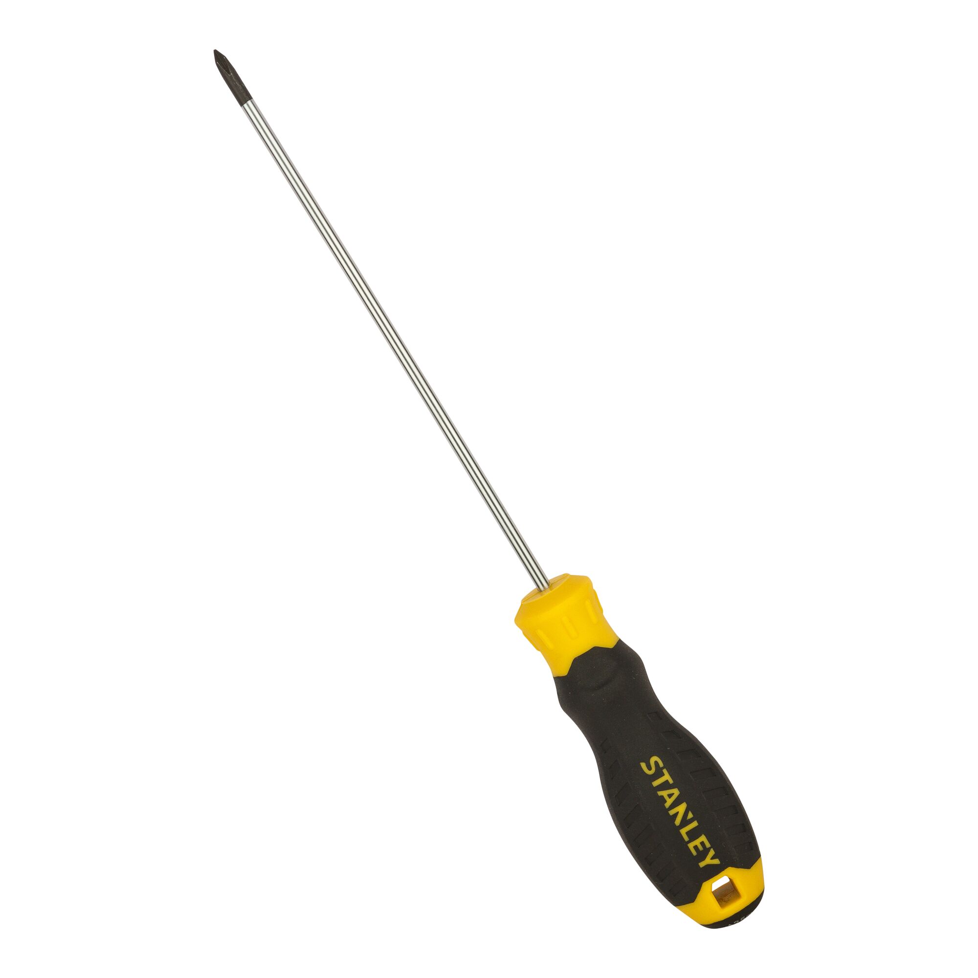 Photo of STANLEY STMT60802-8 Phillips screwdriver with black and yellow handle, angled on white background.