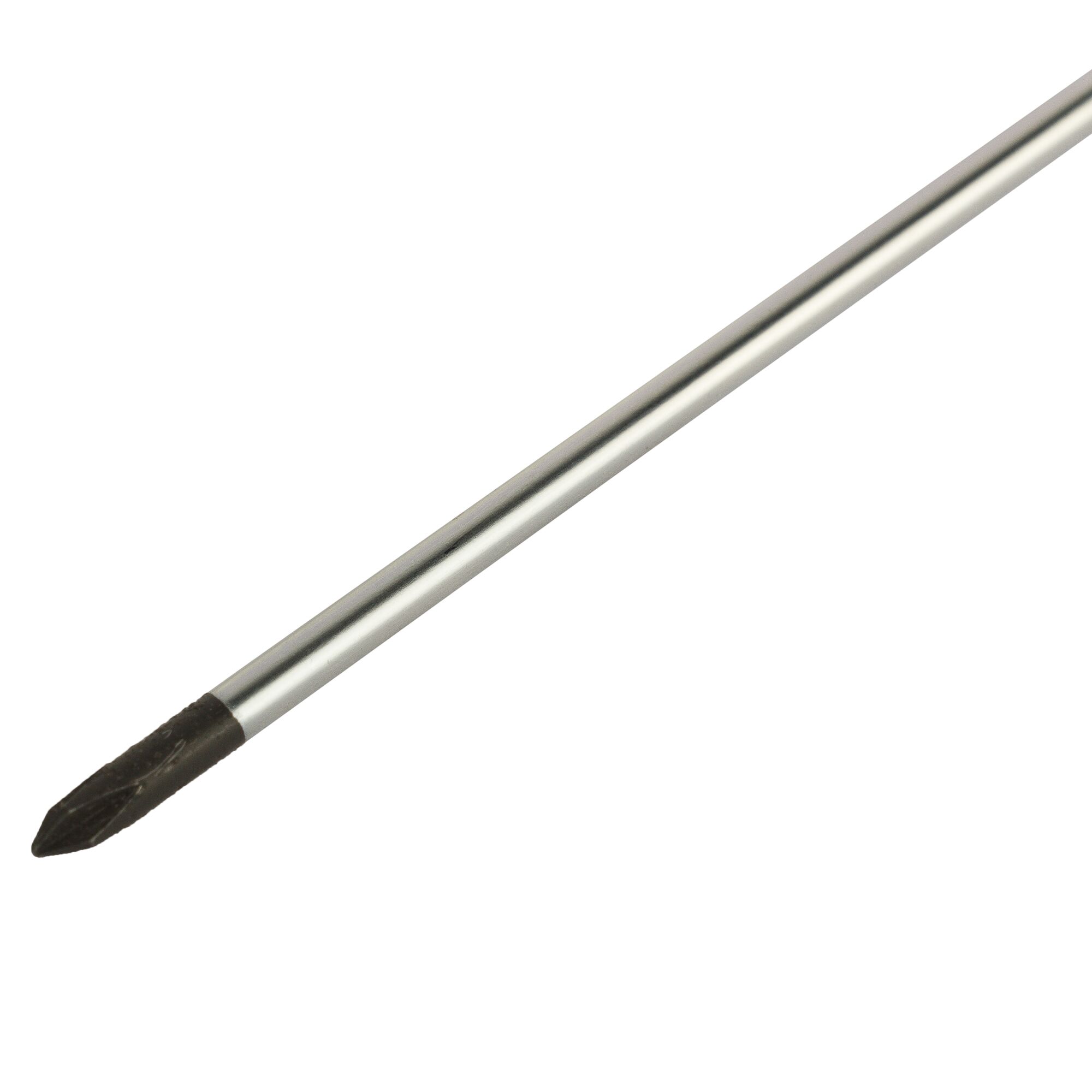 A close-up image of a metallic Phillips screwdriver bit with a black tip.