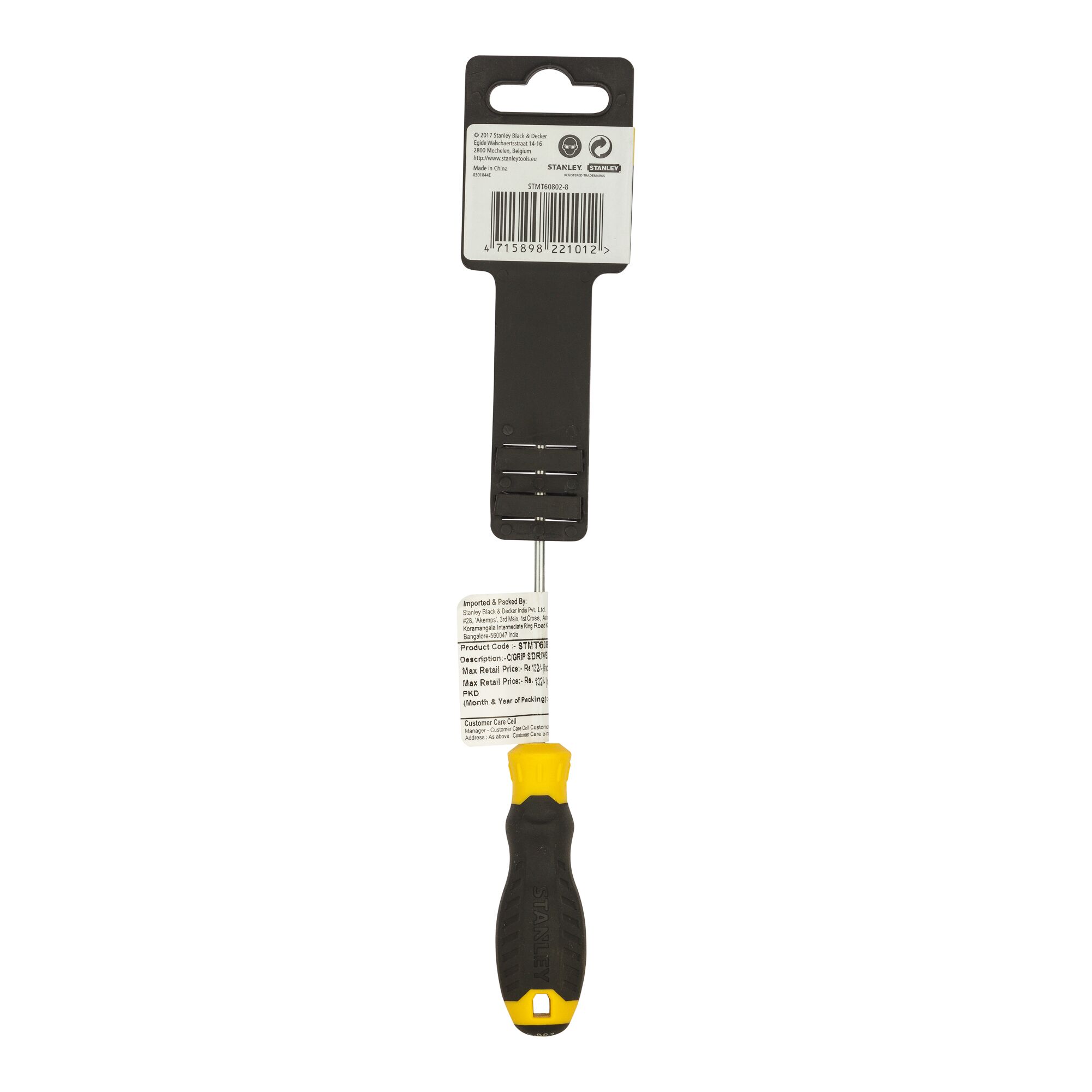 STANLEY STMT60802-8 screwdriver with black and yellow handle, front view on white background.