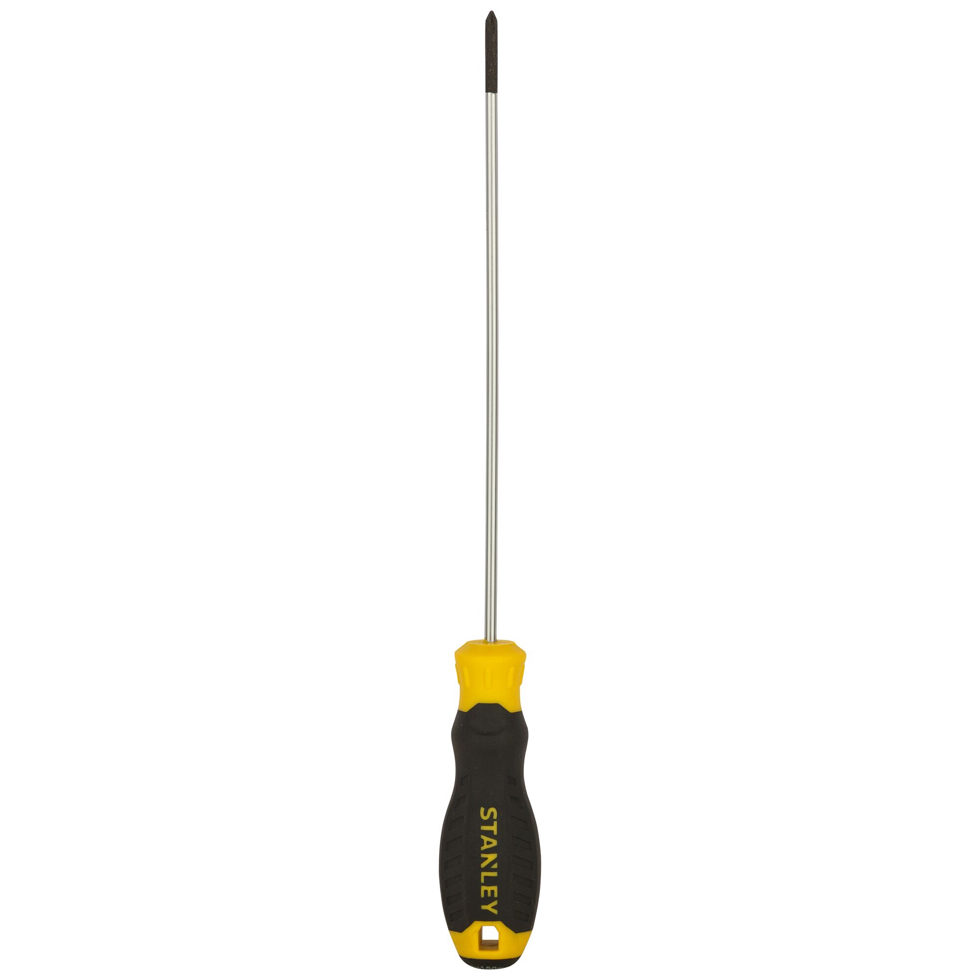 STANLEY STMT60803-8 long shaft Phillips screwdriver with black and yellow handle, front view on white background.