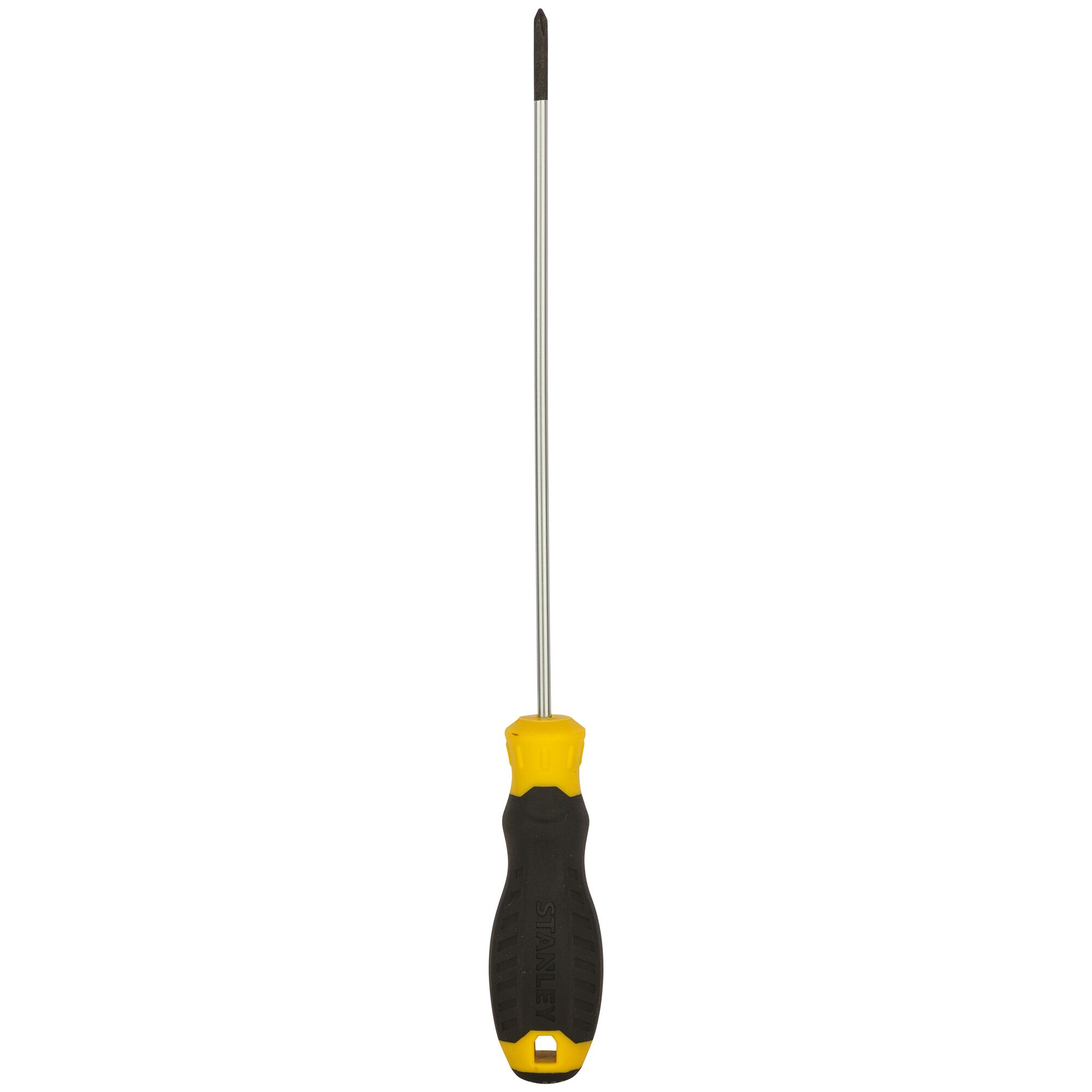 STANLEY STMT60803-8 Phillips screwdriver with long metal shaft and black-yellow grip, front view.