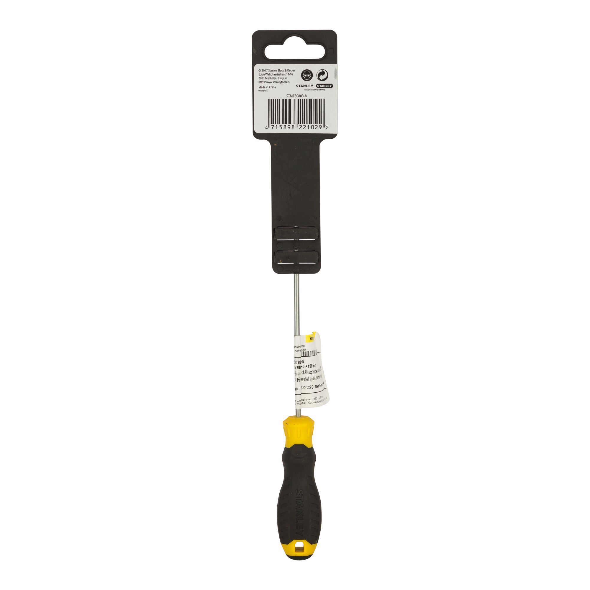 STANLEY STMT60803-8 screwdriver with yellow and black handle, front view on white background.