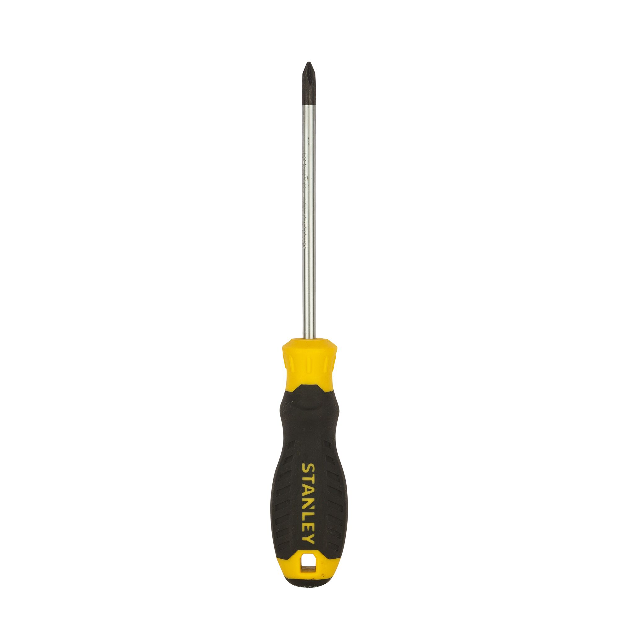 Photo of STANLEY STMT60805-8 Phillips screwdriver with yellow and black ergonomic handle, front view on white background.