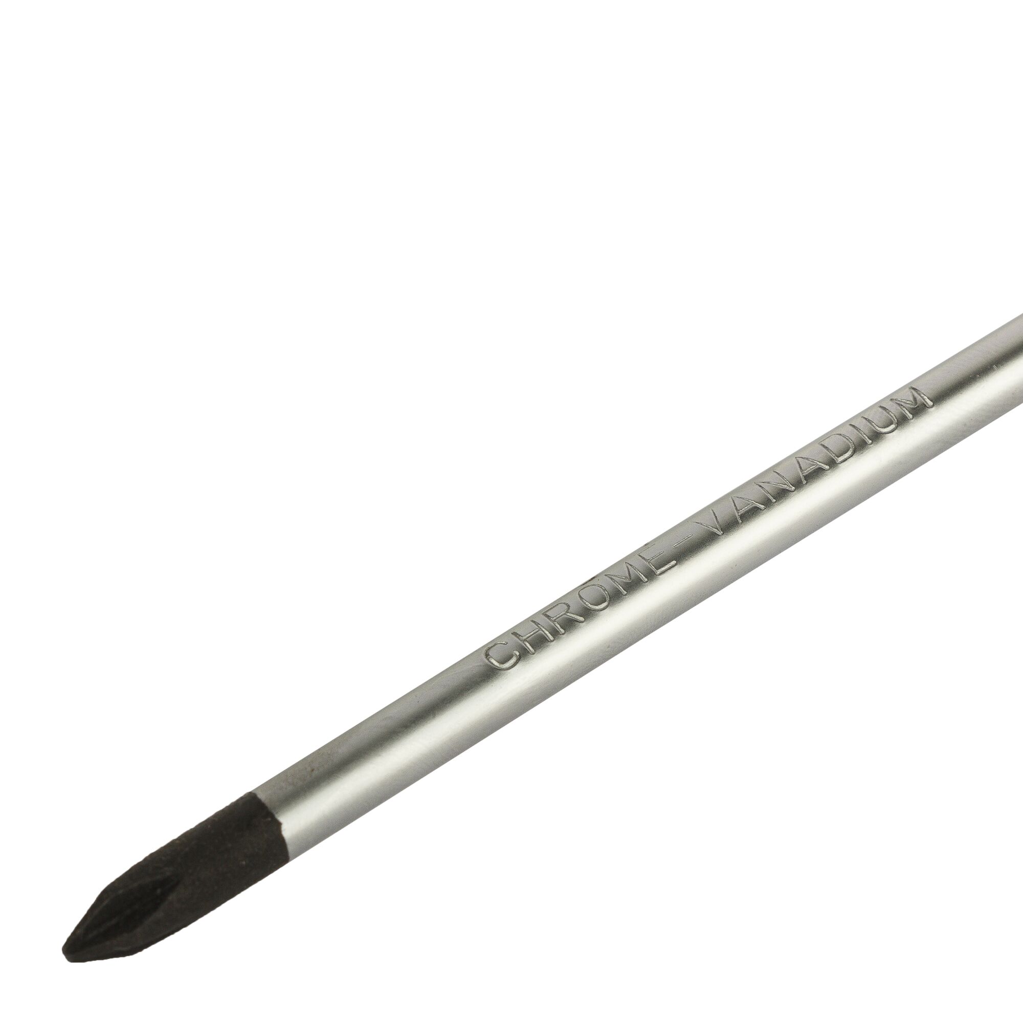 A close-up image of a Philips-head screwdriver with a metal shaft engraved with the words 'CHROME VANADIUM'.