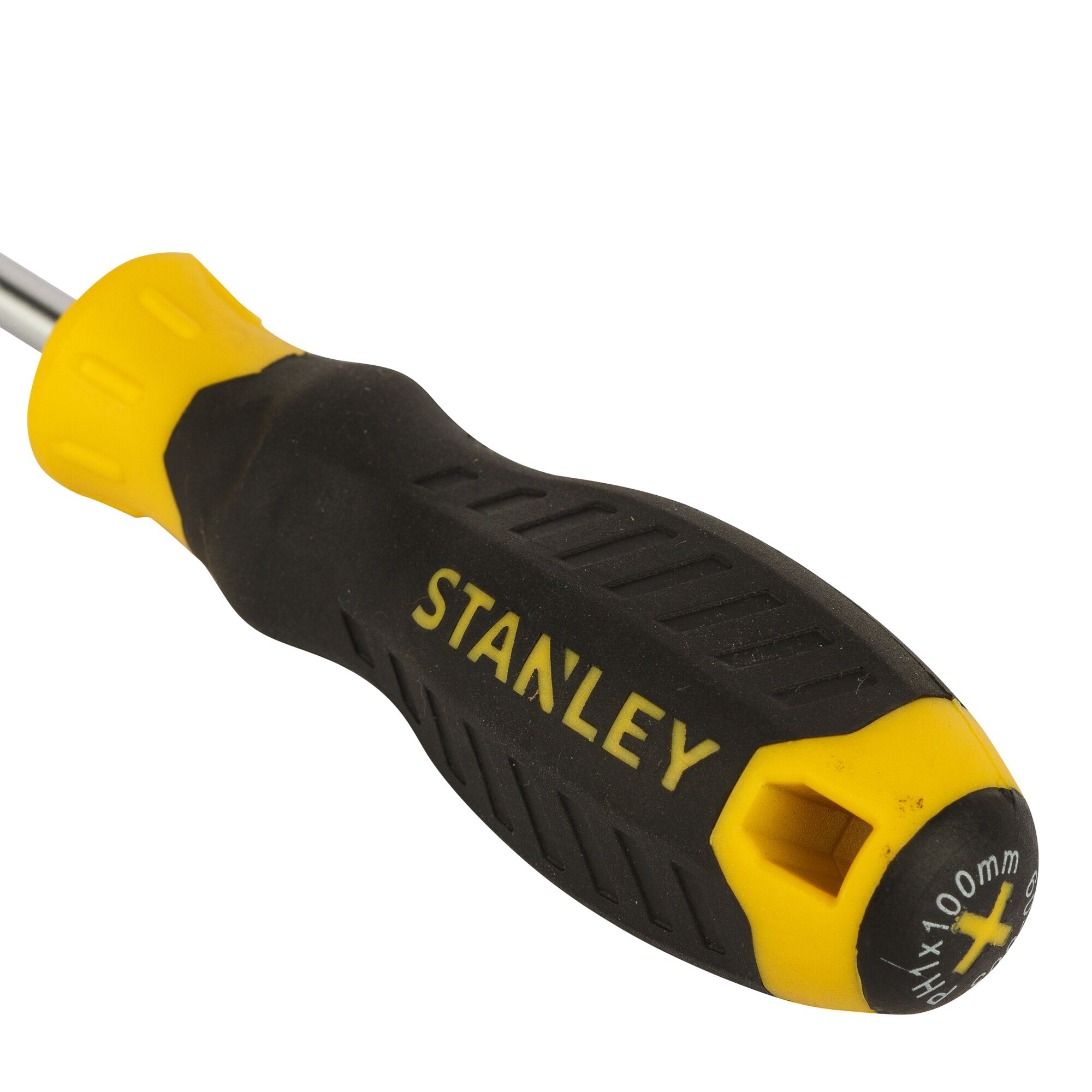 Close-up of a Stanley screwdriver with a black and yellow ergonomic handle, showing Stanley branding and a PH1 x 100mm marking on the end.