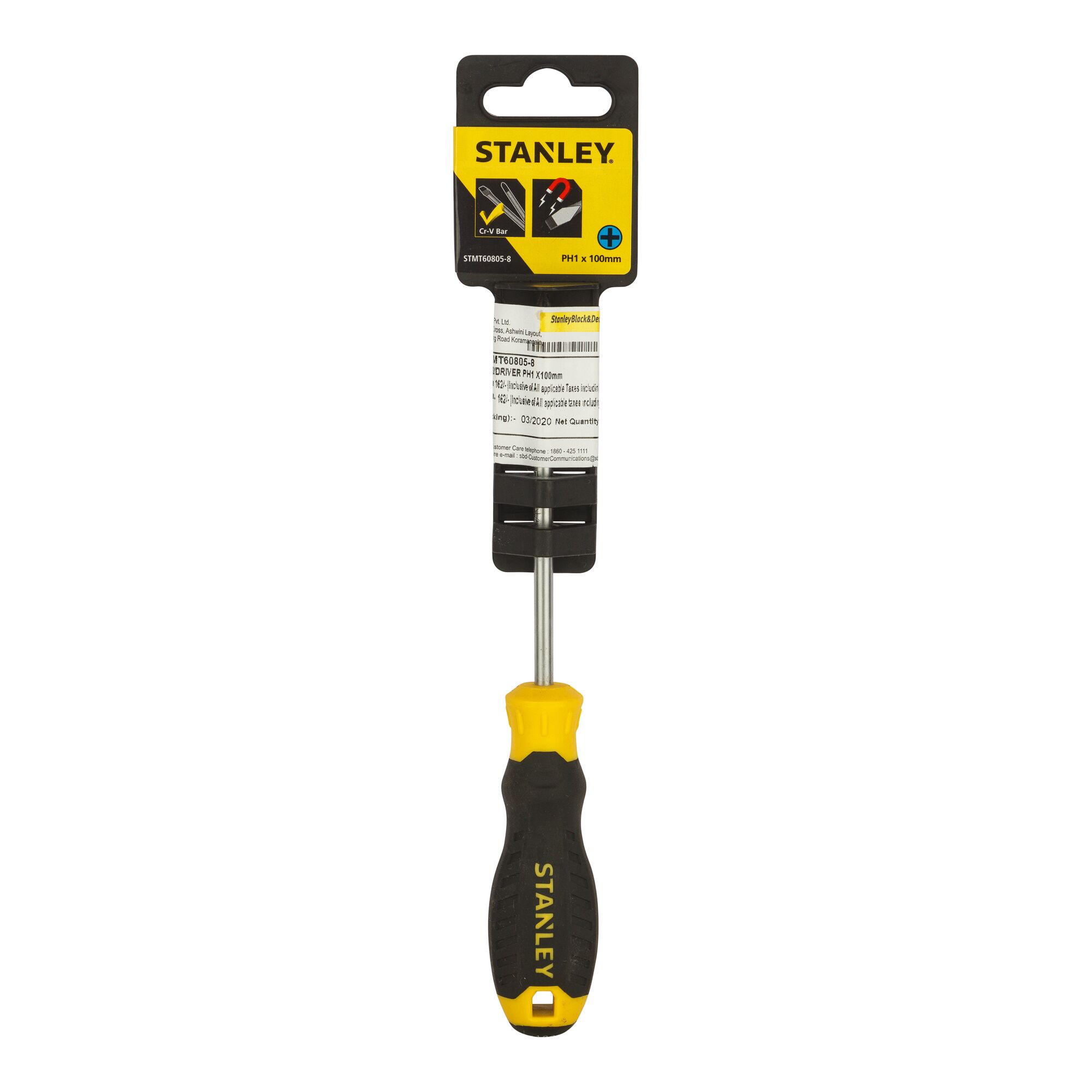 Photo of STANLEY STMT60805-8 Phillips screwdriver with black and yellow handle, front angle, white background.