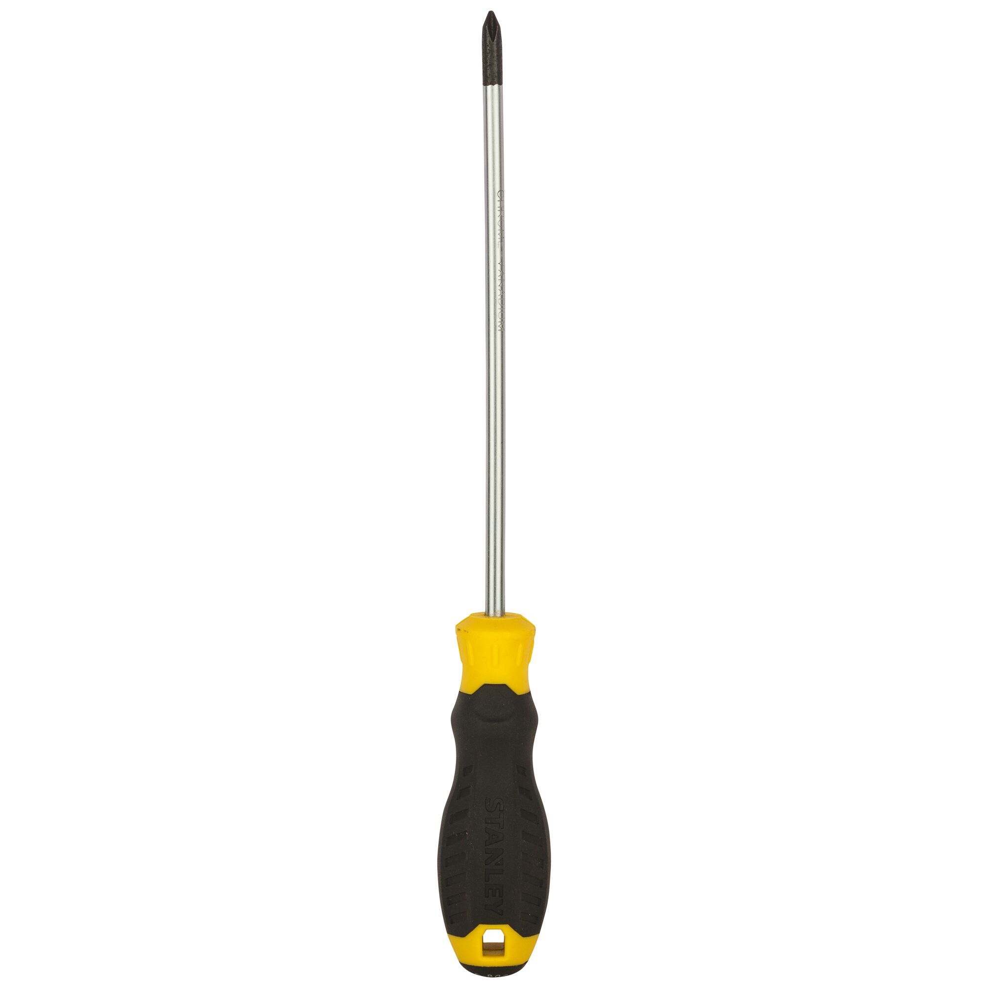 STANLEY STMT60806-840 Phillips screwdriver with yellow and black handle, front angle, white background.
