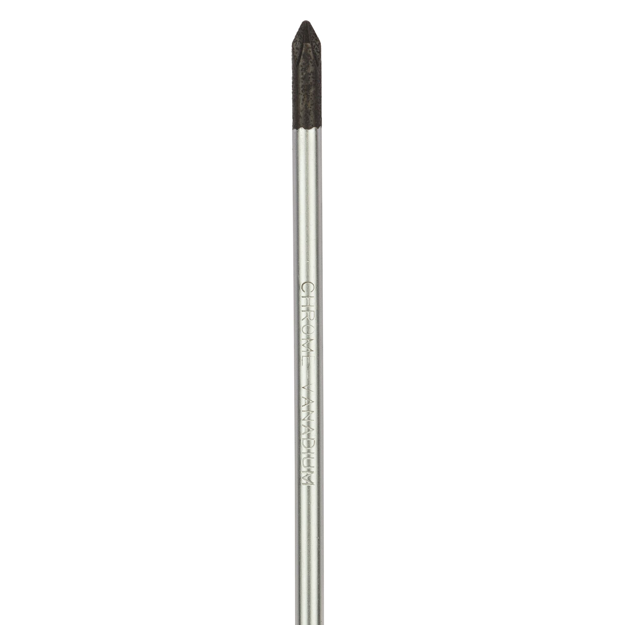 A close-up image of a Phillips screwdriver tip made from chrome vanadium steel, with a silver-colored shaft and a dark, cross-shaped tip.