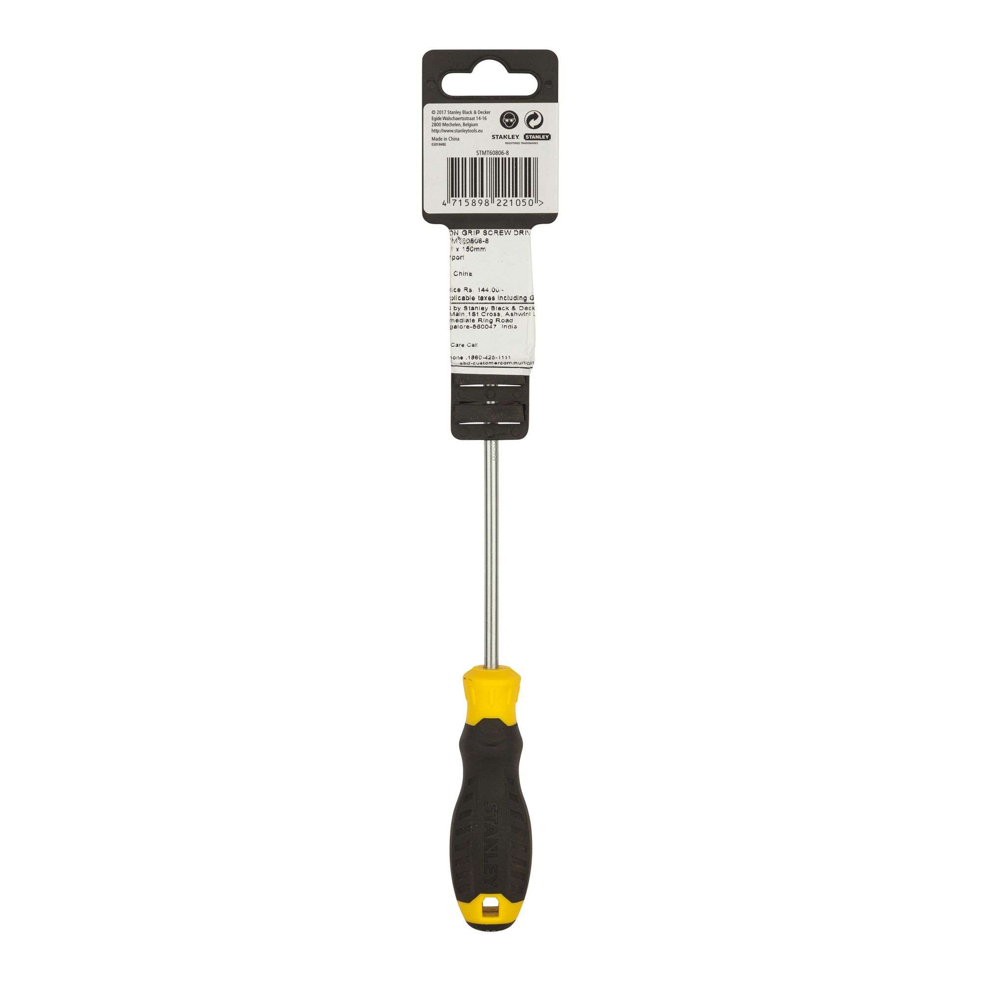 STANLEY STMT60806-840 long screwdriver with black and yellow handle, rear view on white background.