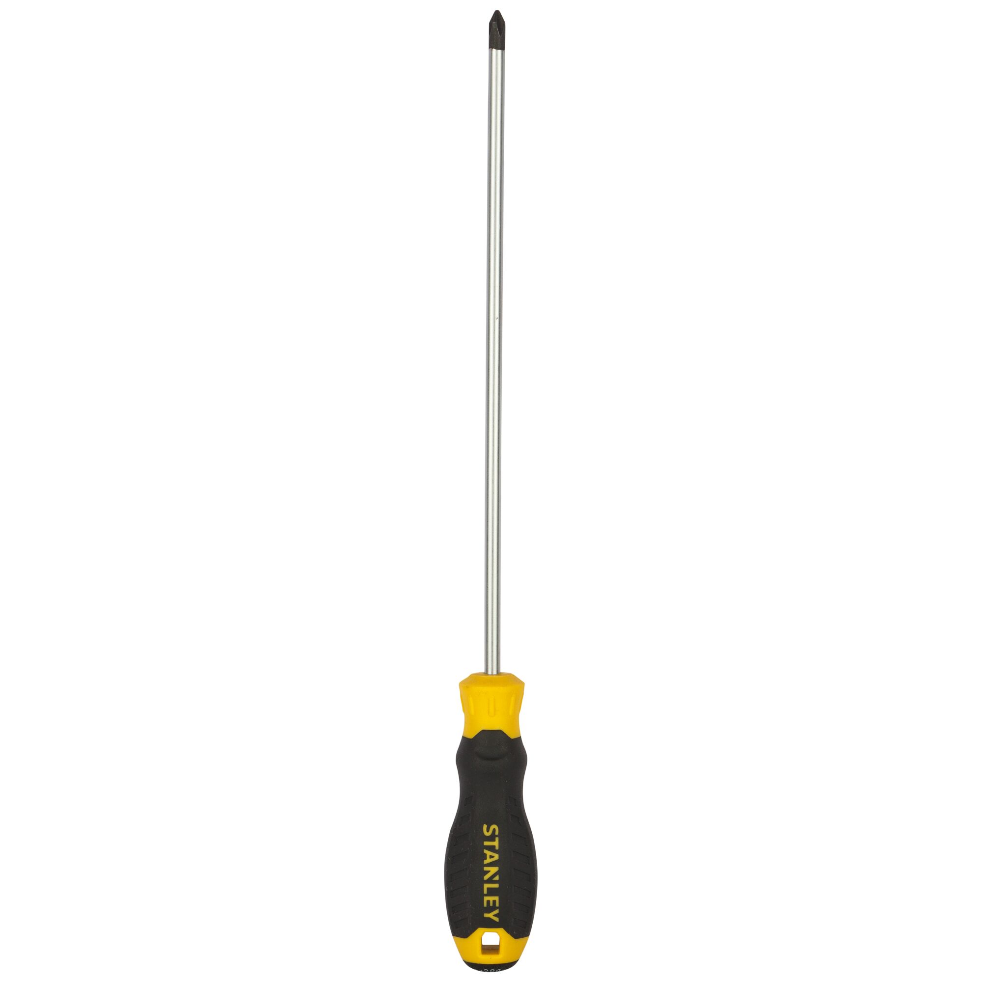 Photo of STANLEY STMT60807-8 Phillips screwdriver with long metal shaft, black and yellow ergonomic handle, front view.