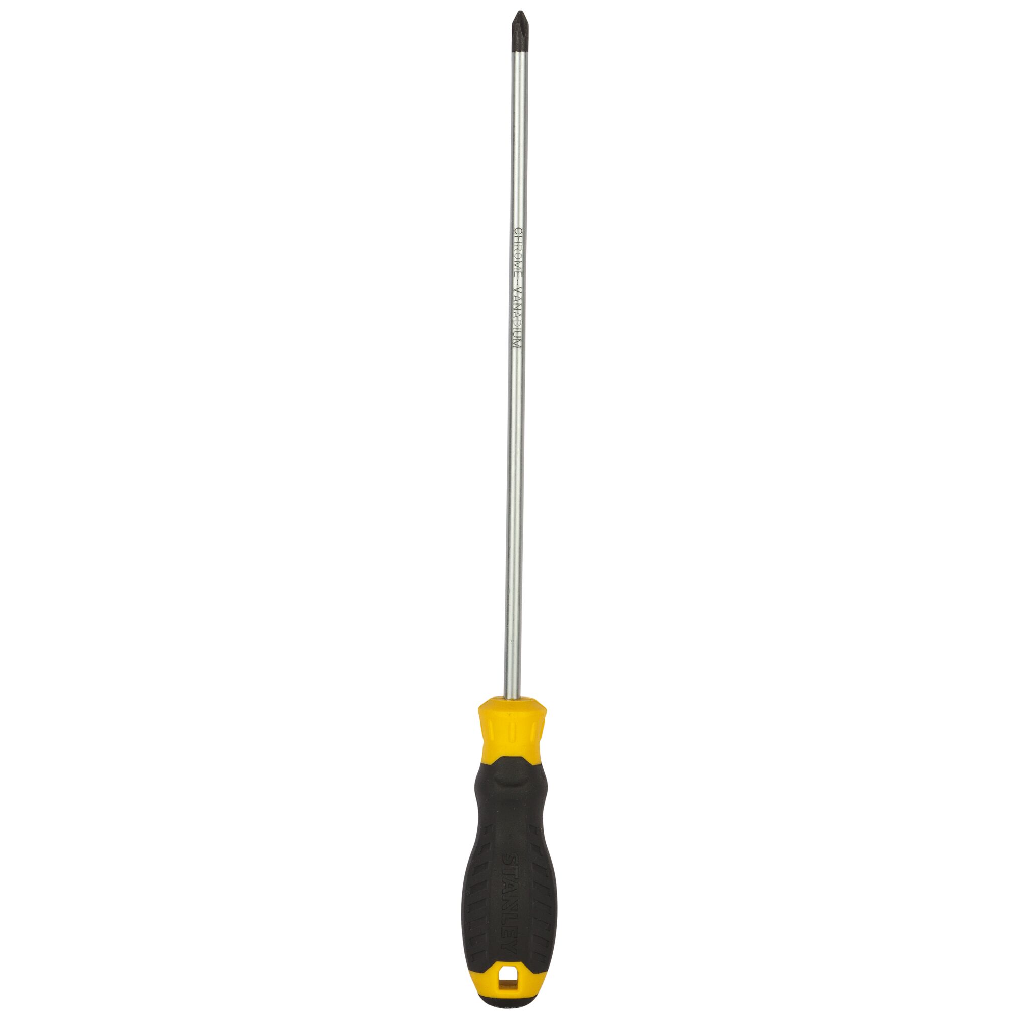 STANLEY STMT60807-8 long Phillips screwdriver with black and yellow handle, straight angle, white background.