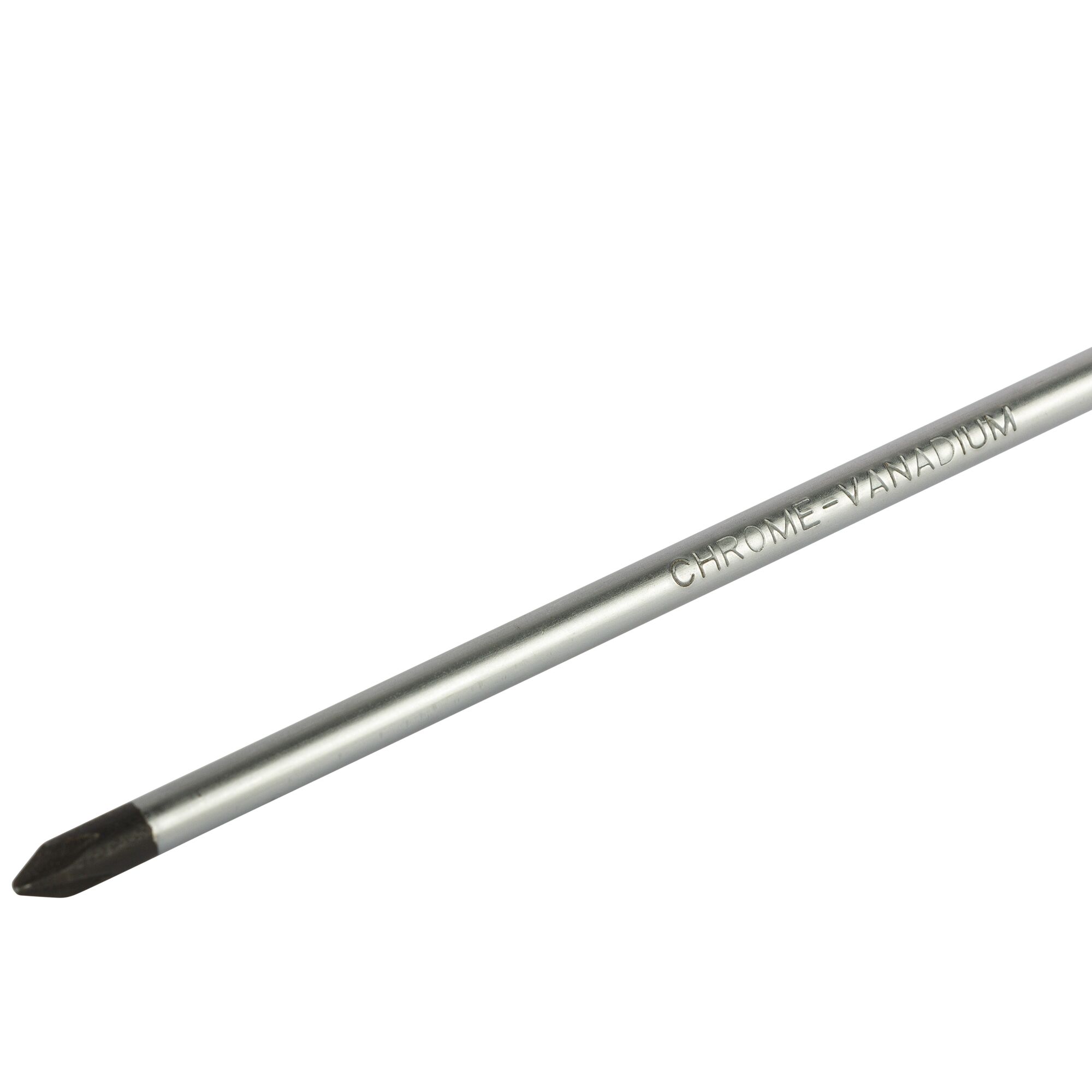 A close-up image of a Phillips screwdriver made from chrome vanadium steel, showing its tip and part of the shaft with the engraved text 'CHROME-VANADIUM'.