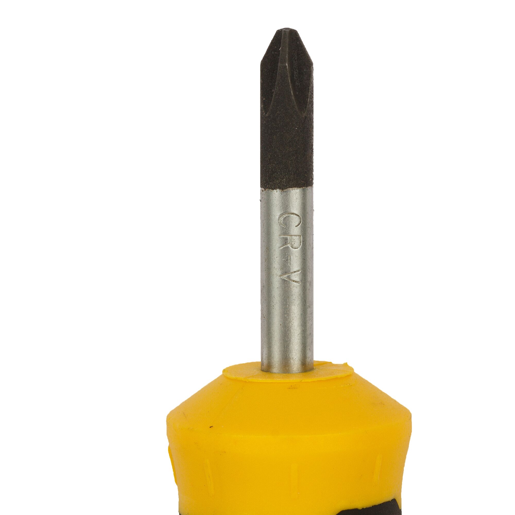 Close-up image of a Phillips head screwdriver with a yellow handle and metal shaft, showing the letters 'CR-V' engraved on the shaft.