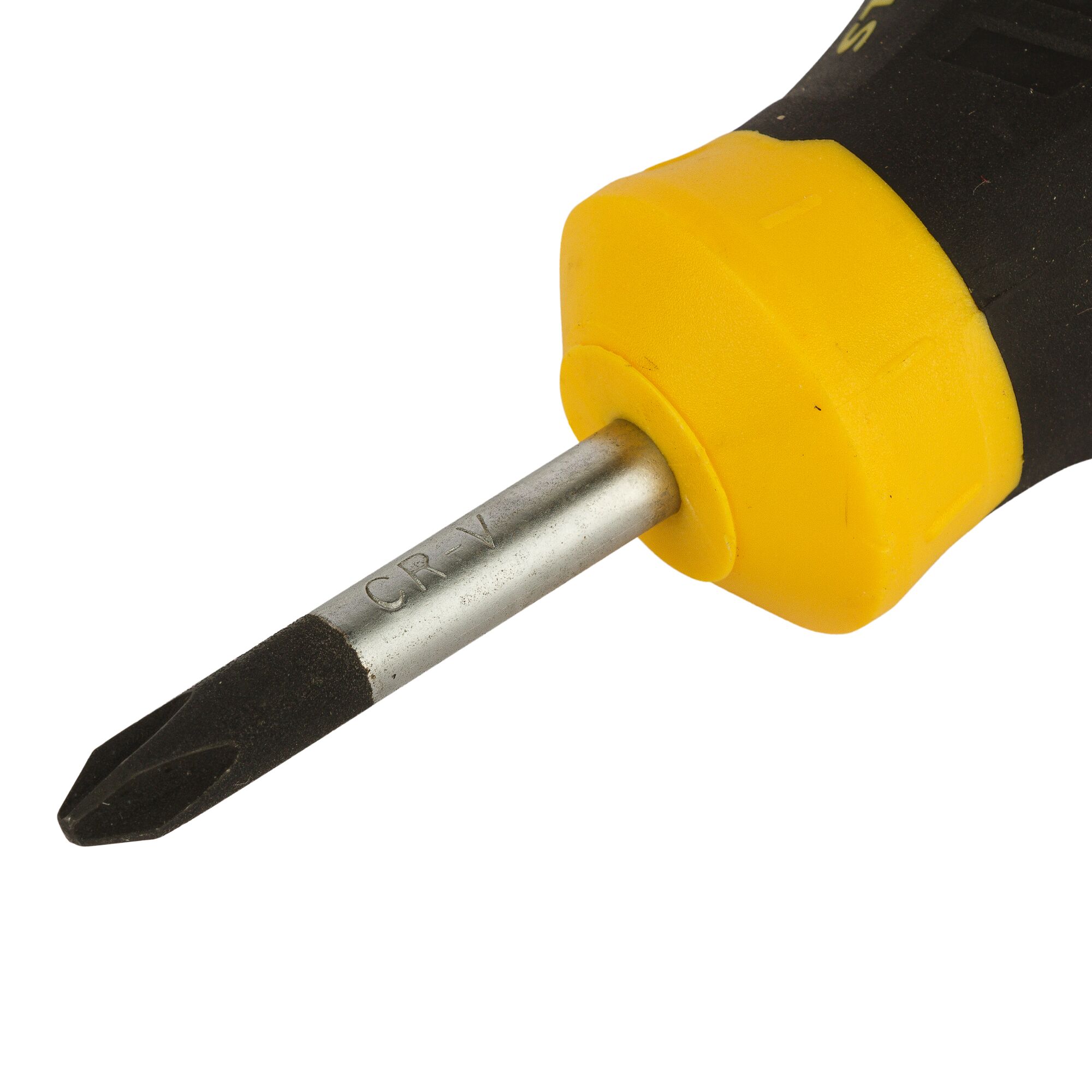 Close-up image of a Phillips head screwdriver with a yellow and black handle. The shaft has 'CR-V' engraved on it.