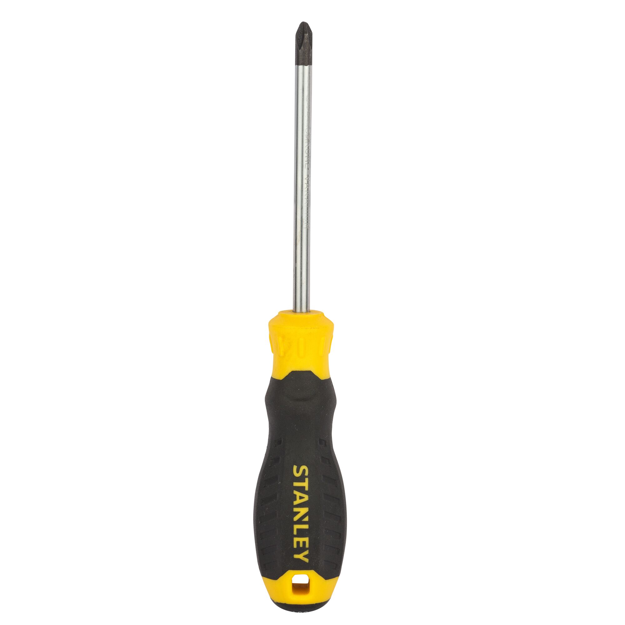 STANLEY STMT60809-8 Phillips screwdriver with yellow and black handle, front angle, on white background.