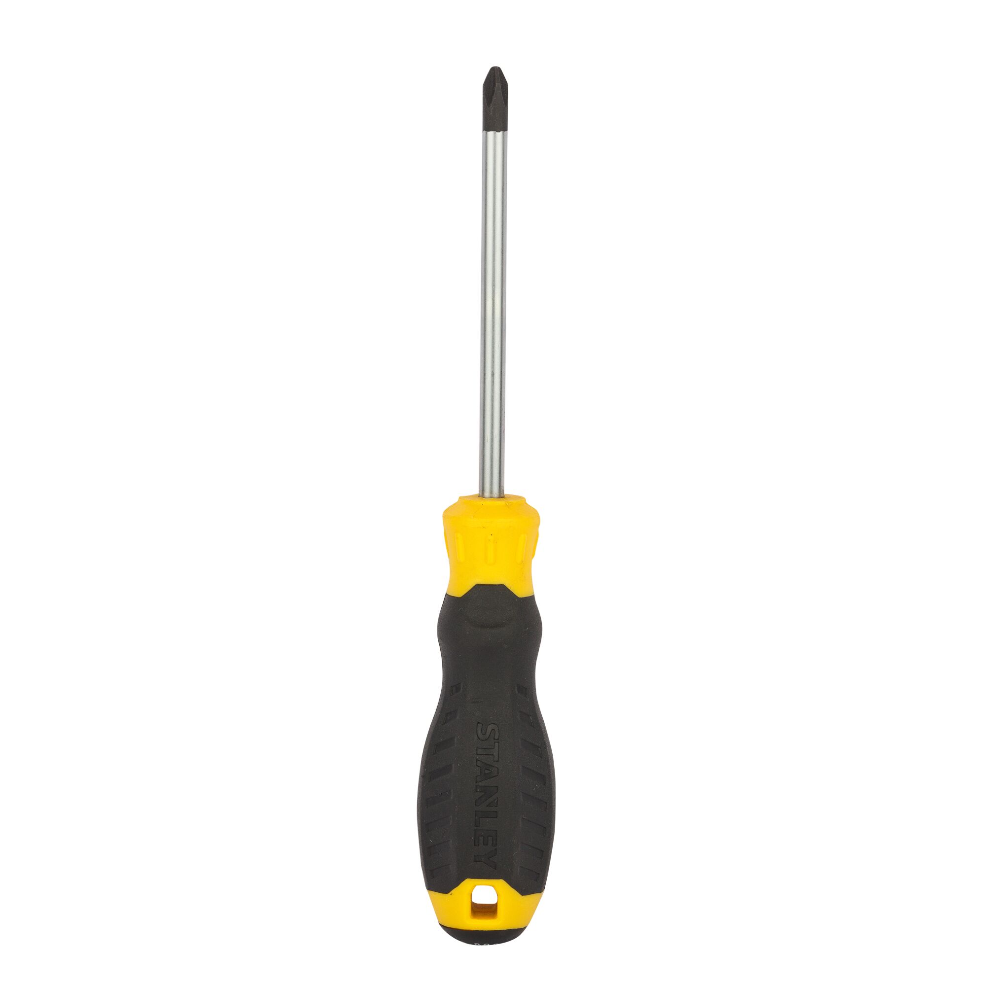 STANLEY STMT60809-8 Phillips screwdriver with yellow and black handle, front angle on white background.