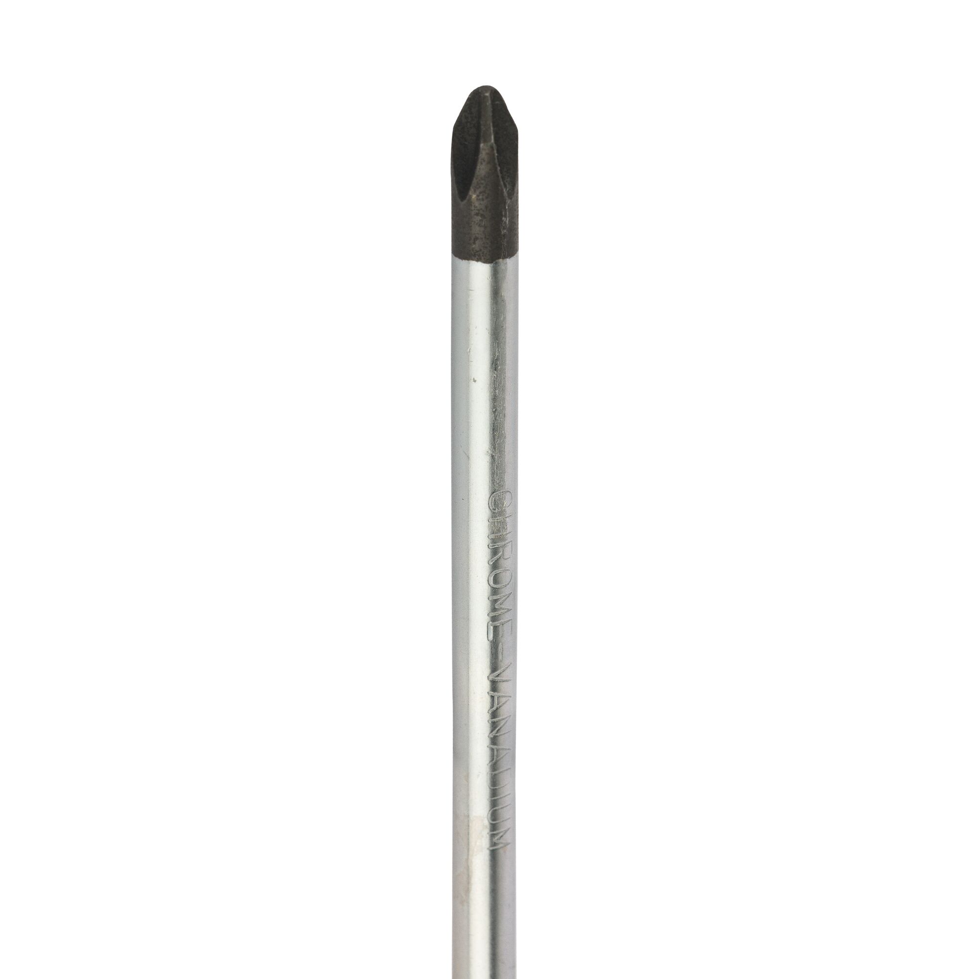Close-up image of a Phillips head screwdriver with a chrome vanadium shaft.