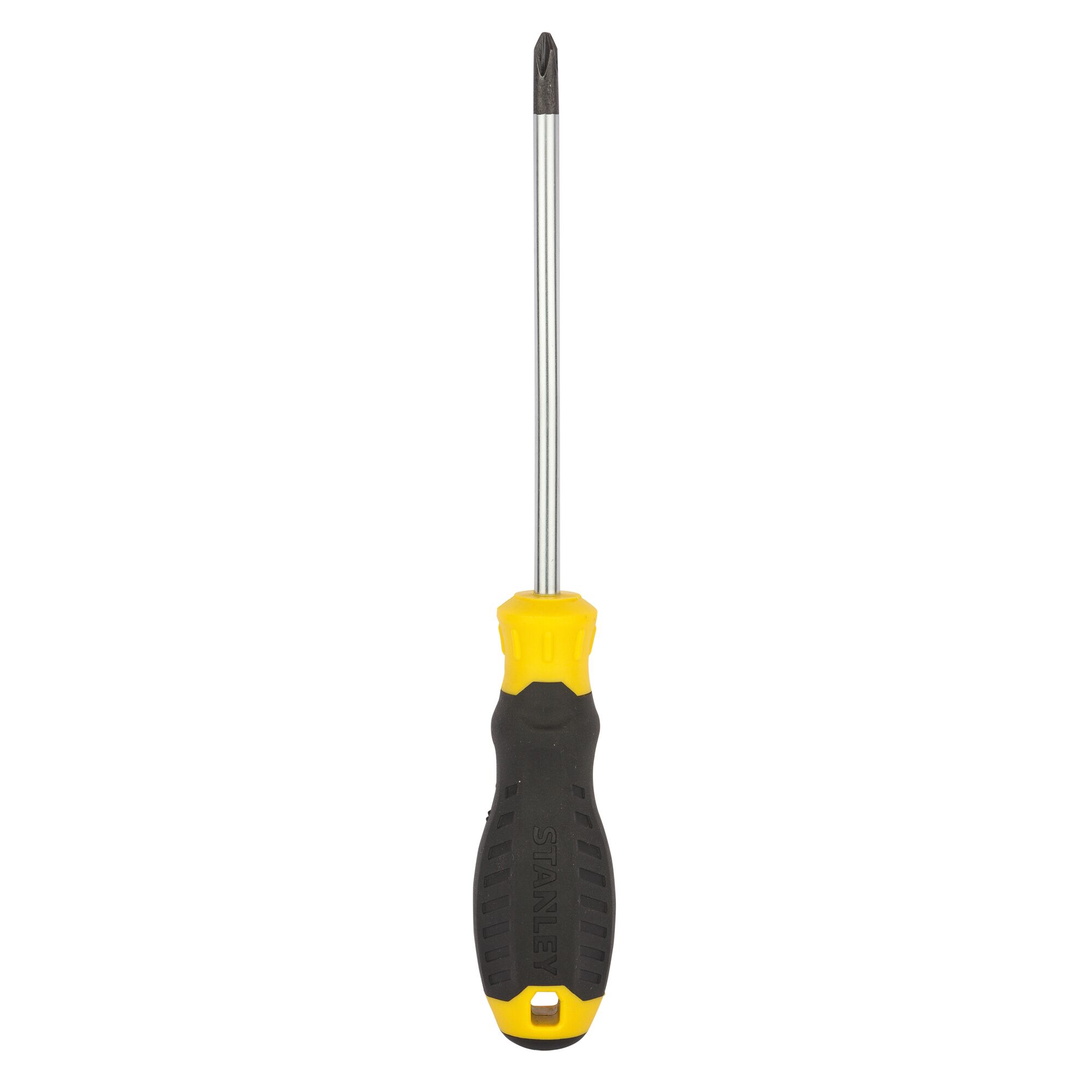 STANLEY STMT60810-8 Phillips screwdriver, black and yellow handle, front angle on white background.
