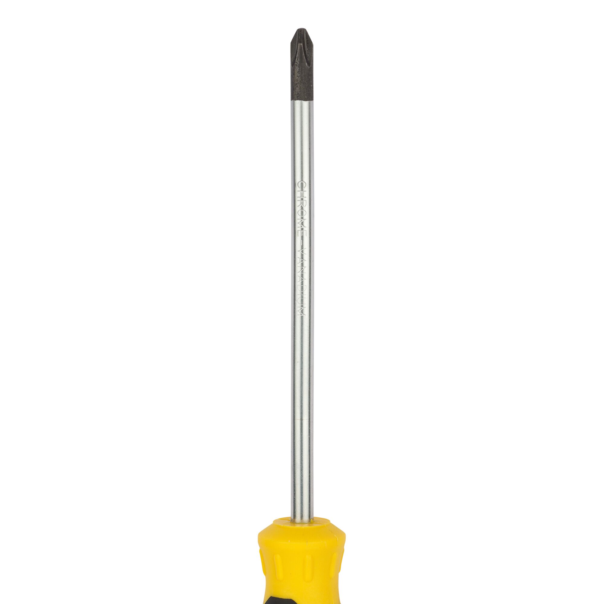 A close-up image of a Phillips head screwdriver with a yellow and black handle and a long, silver shaft.