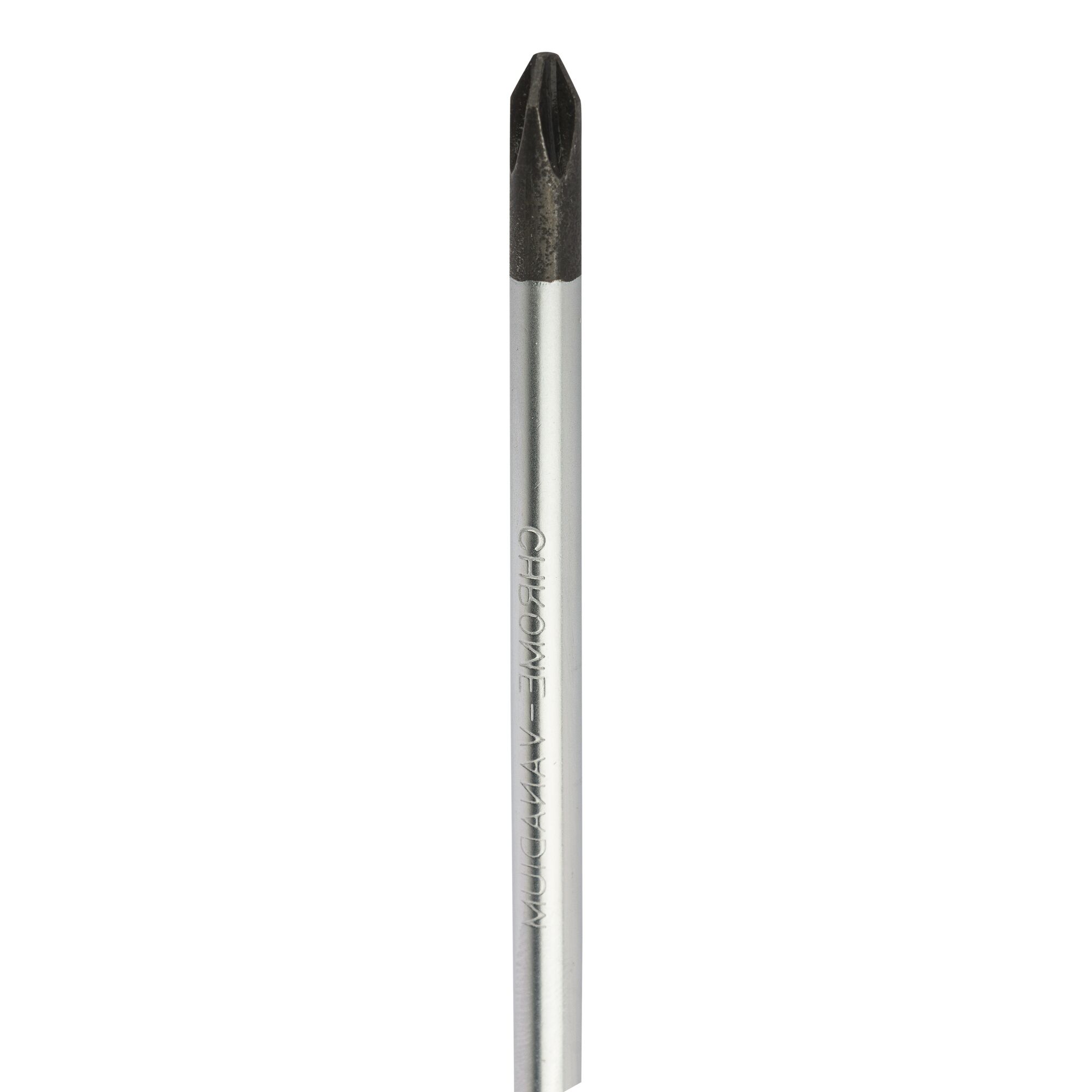 A close-up image of a Phillips screwdriver with a metallic shaft and a black tip, used for driving screws with a cross-shaped (Phillips) head.