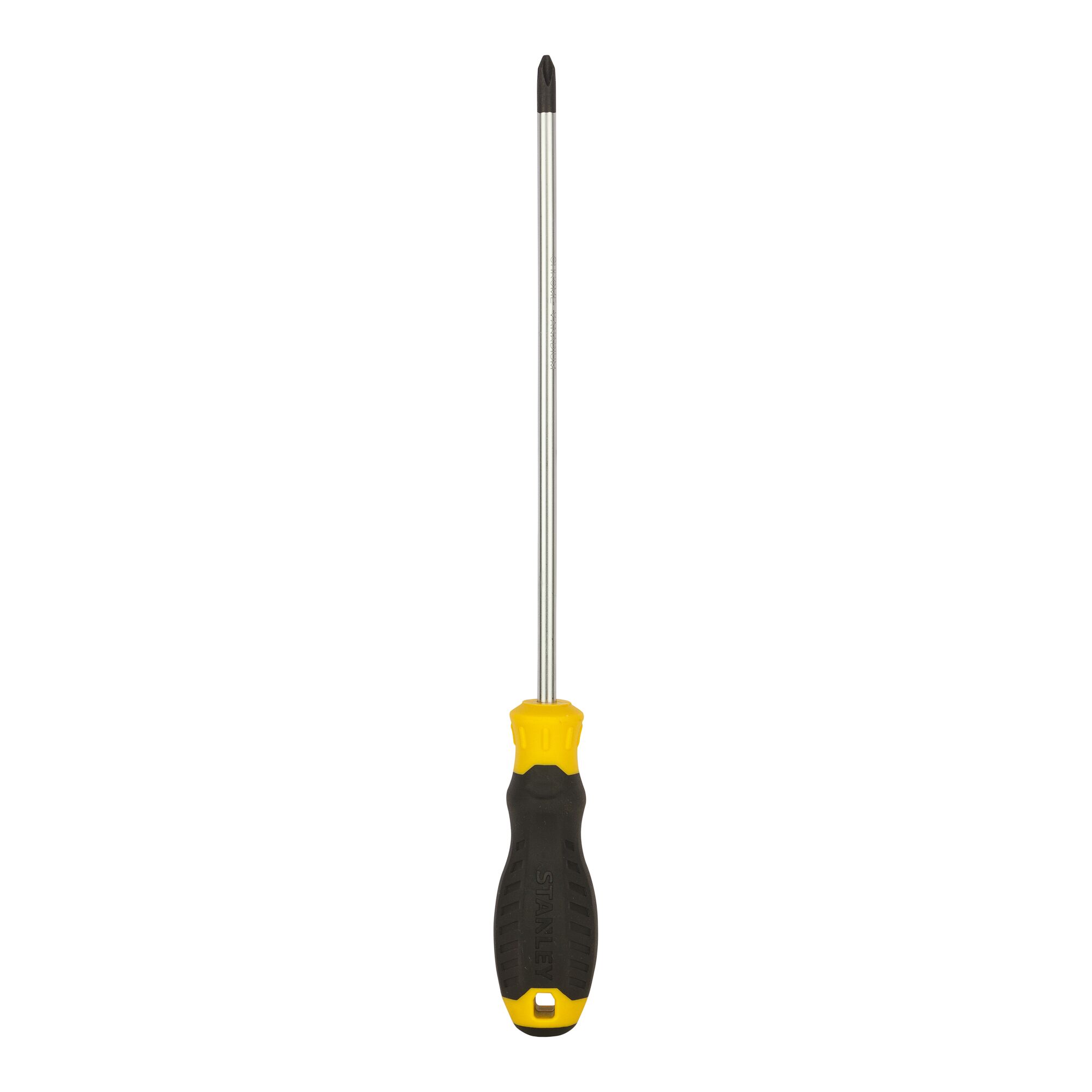 STANLEY STMT60812-8 Phillips screwdriver with black and yellow ergonomic handle, front angle on white background.