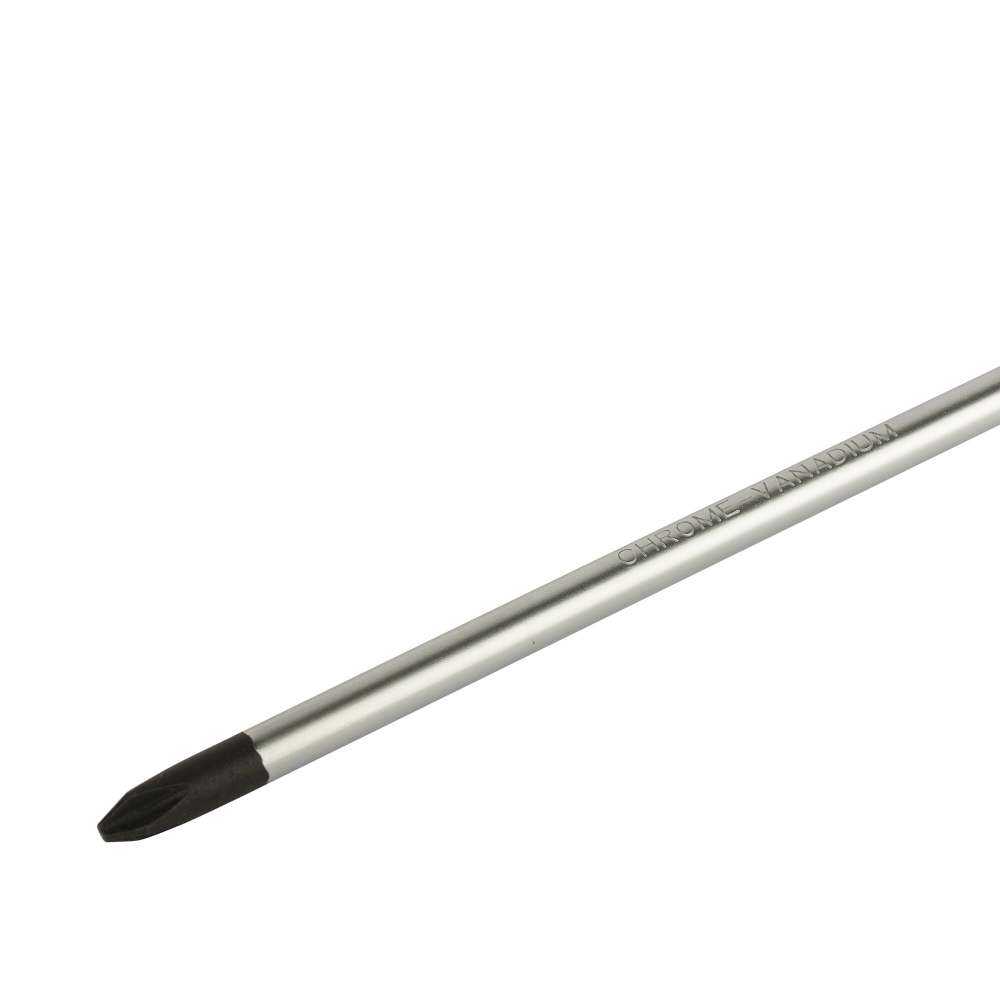 A close-up image of a chrome vanadium Phillips screwdriver shaft with a black tip.