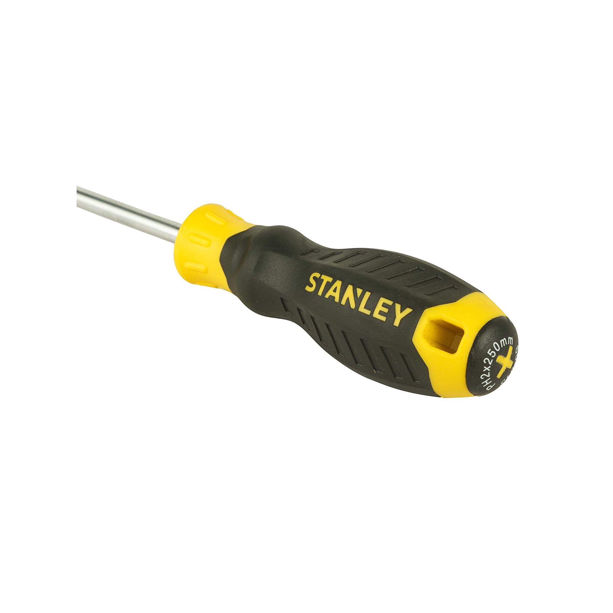 STANLEY STMT60813-8 black and yellow Phillips screwdriver, side angle, ergonomic handle.