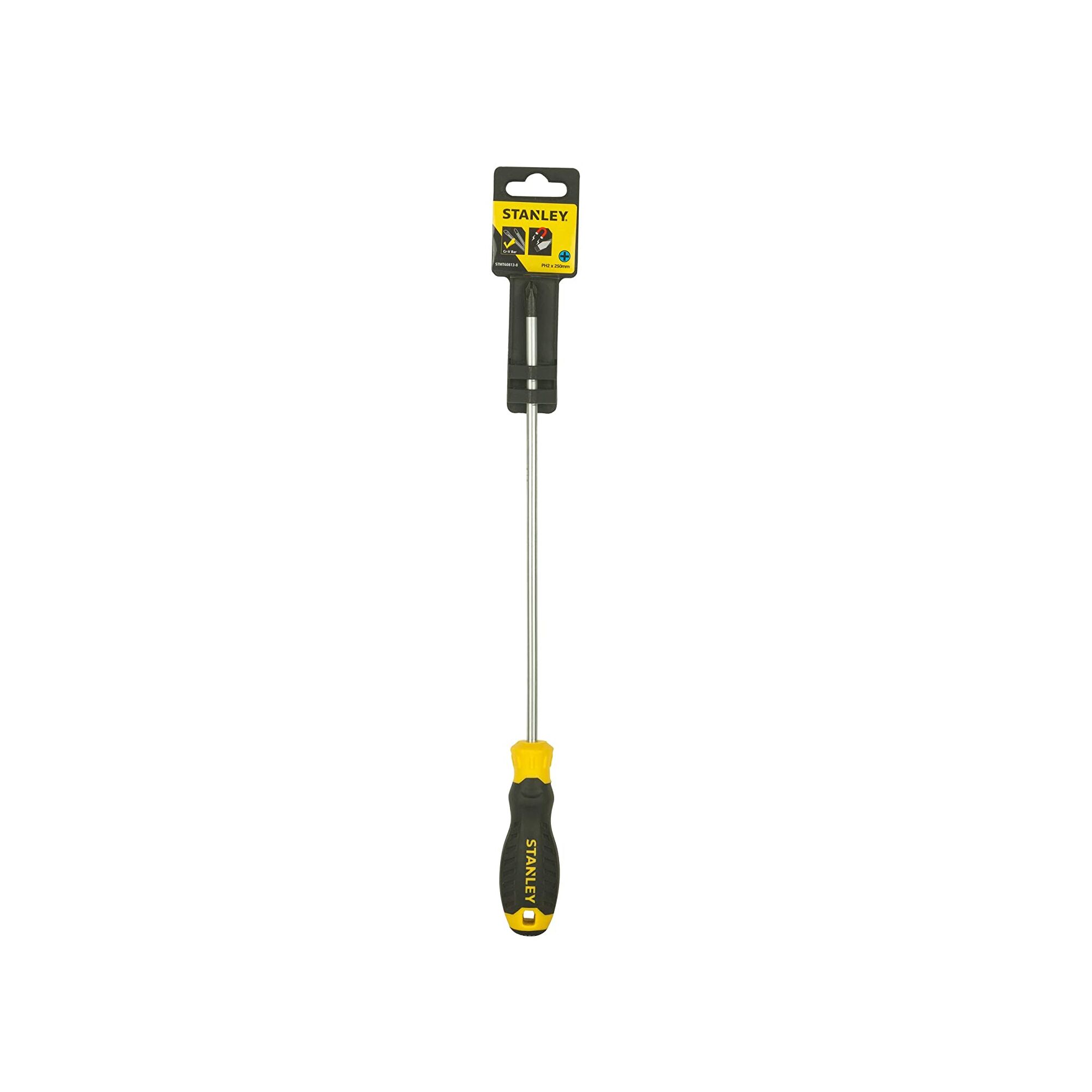 STANLEY STMT60813-8 long flathead screwdriver with black and yellow handle on white background, front view.