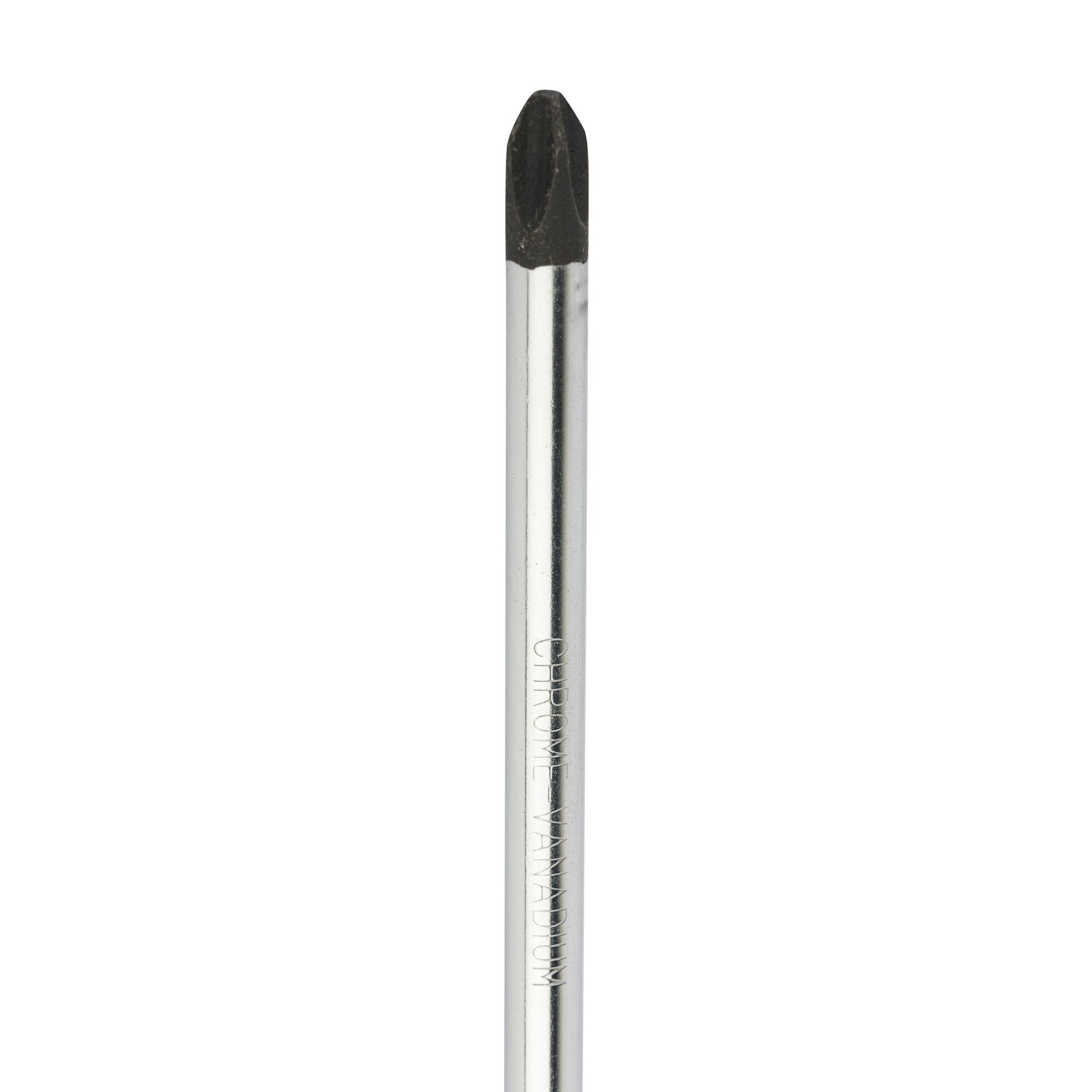 A close-up image of a chrome vanadium Phillips screwdriver shaft, showing the black cross-tip and engraved text 'CHROME VANADIUM' on the silver metal.