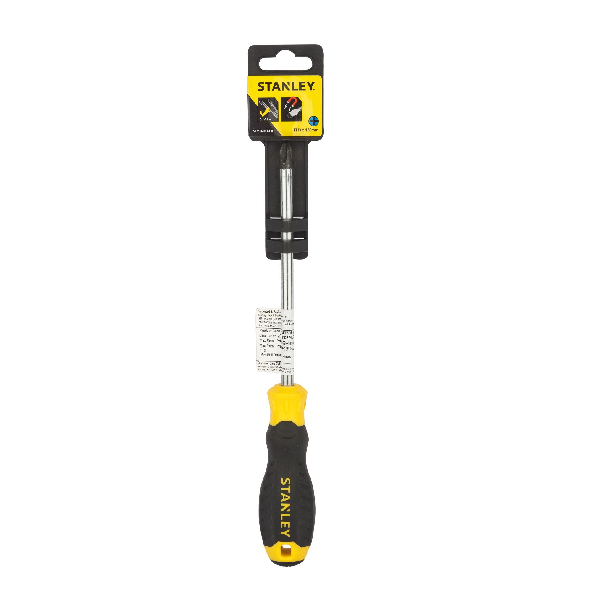 A Stanley branded Phillips screwdriver with a black and yellow handle, packaged for retail display. The tool is shown upright with product labeling attached to the shaft and handle.