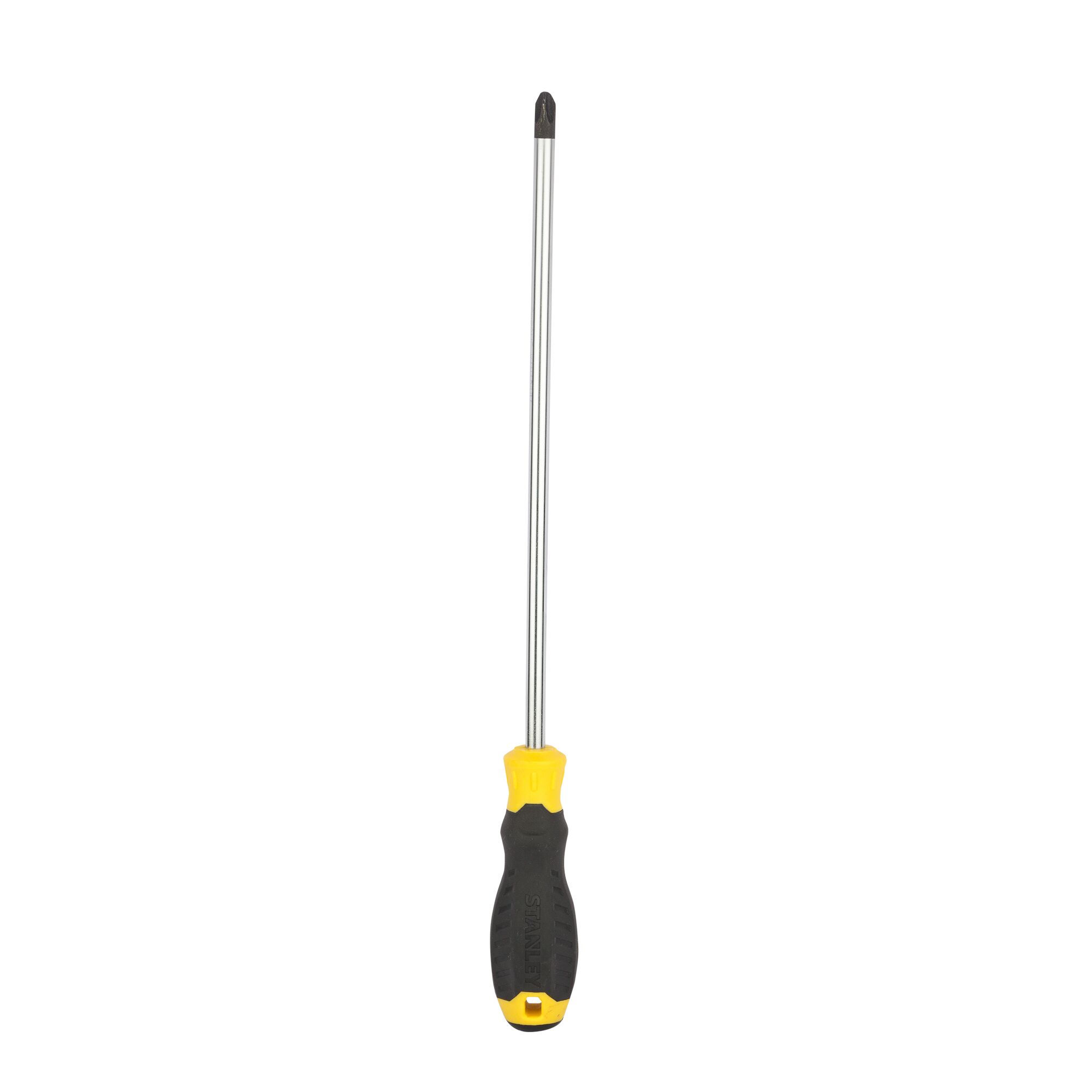 STANLEY STMT60816-840 long Phillips screwdriver with black and yellow handle, front view on white background.