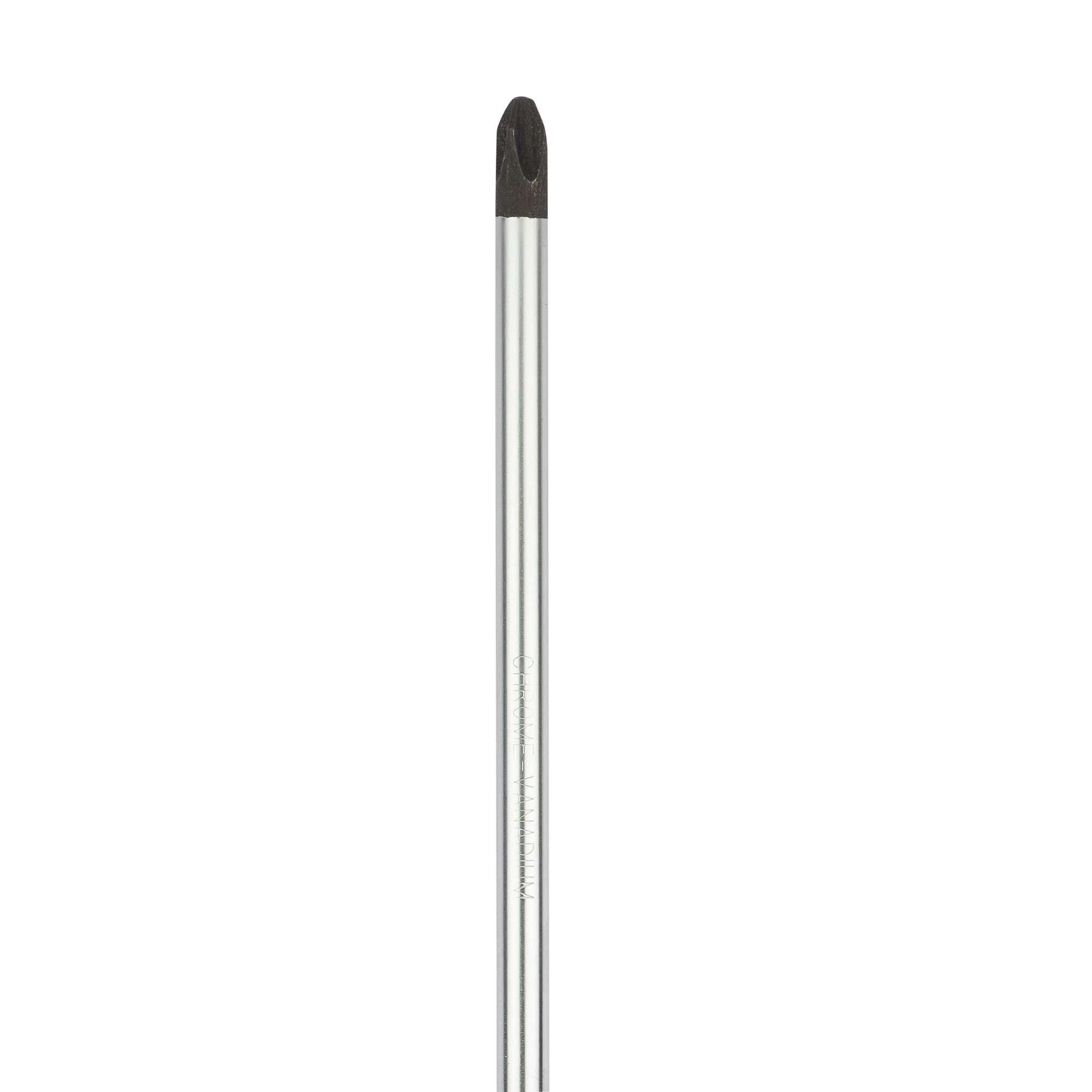 Close-up image of a silver metal screwdriver bit with a black tip, designed for use with power tools.