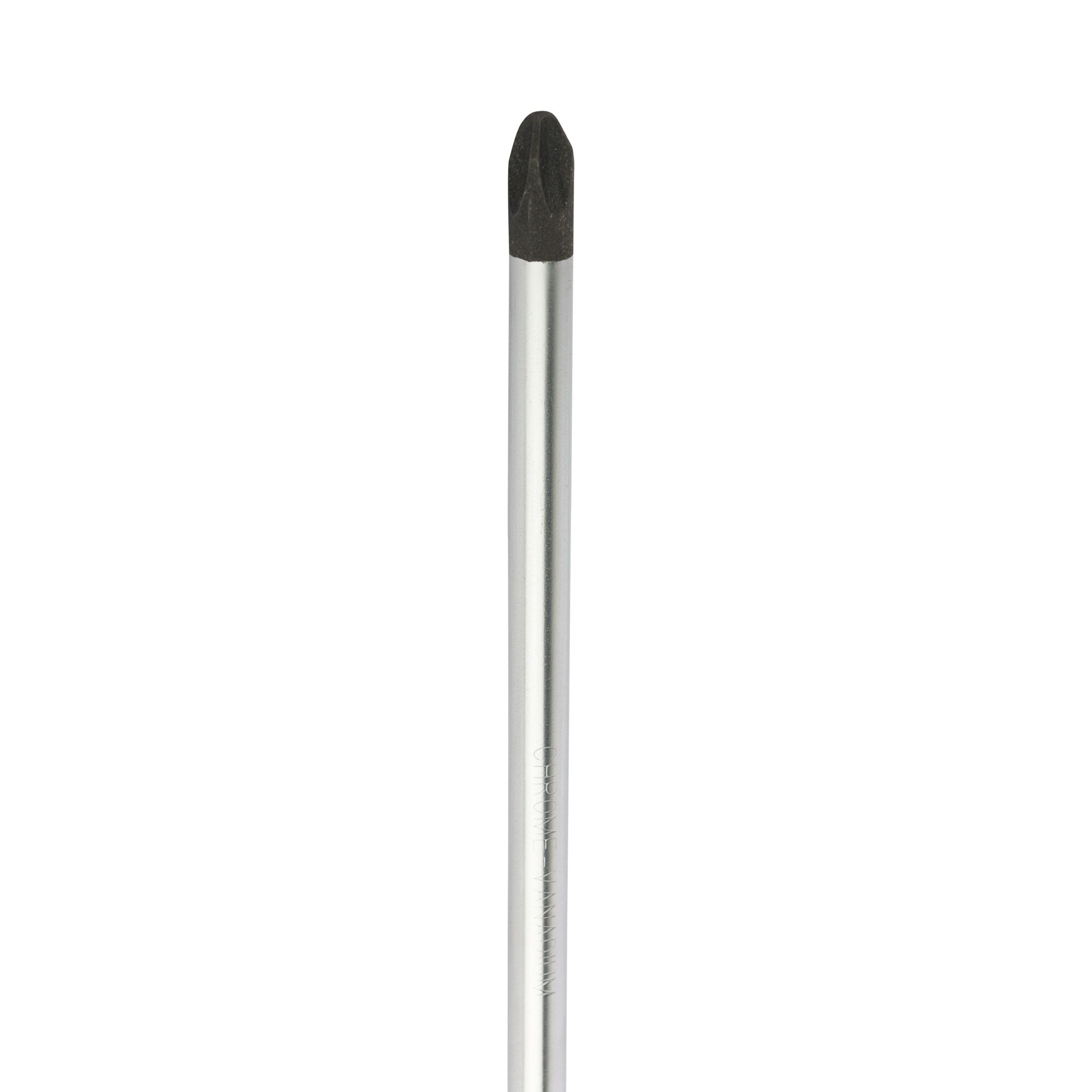 A close-up image of a single Phillips screwdriver with a silver shaft and black tip, photographed against a white background.