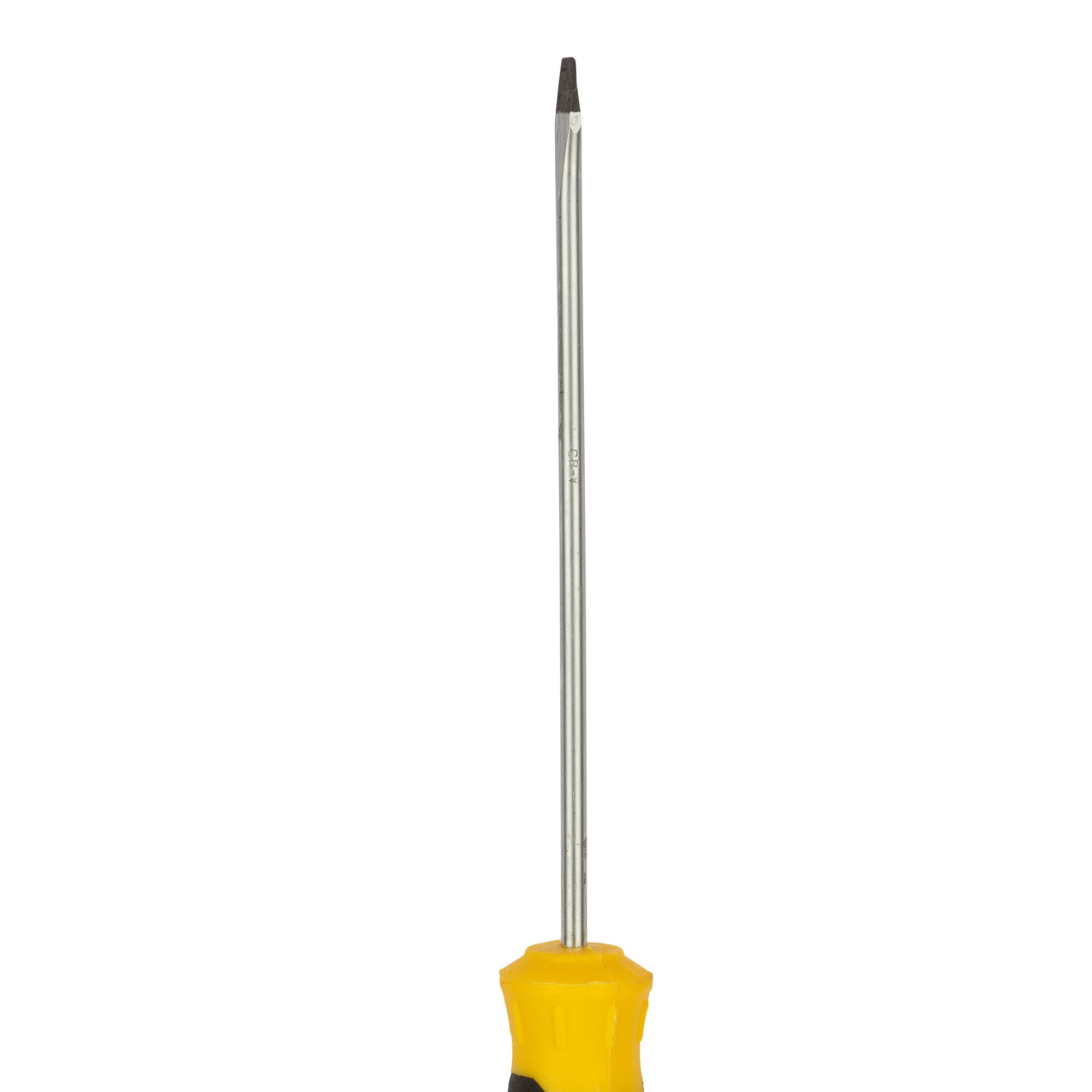STANLEY STMT60818-8 flathead screwdriver, yellow and black handle, front view, white background.