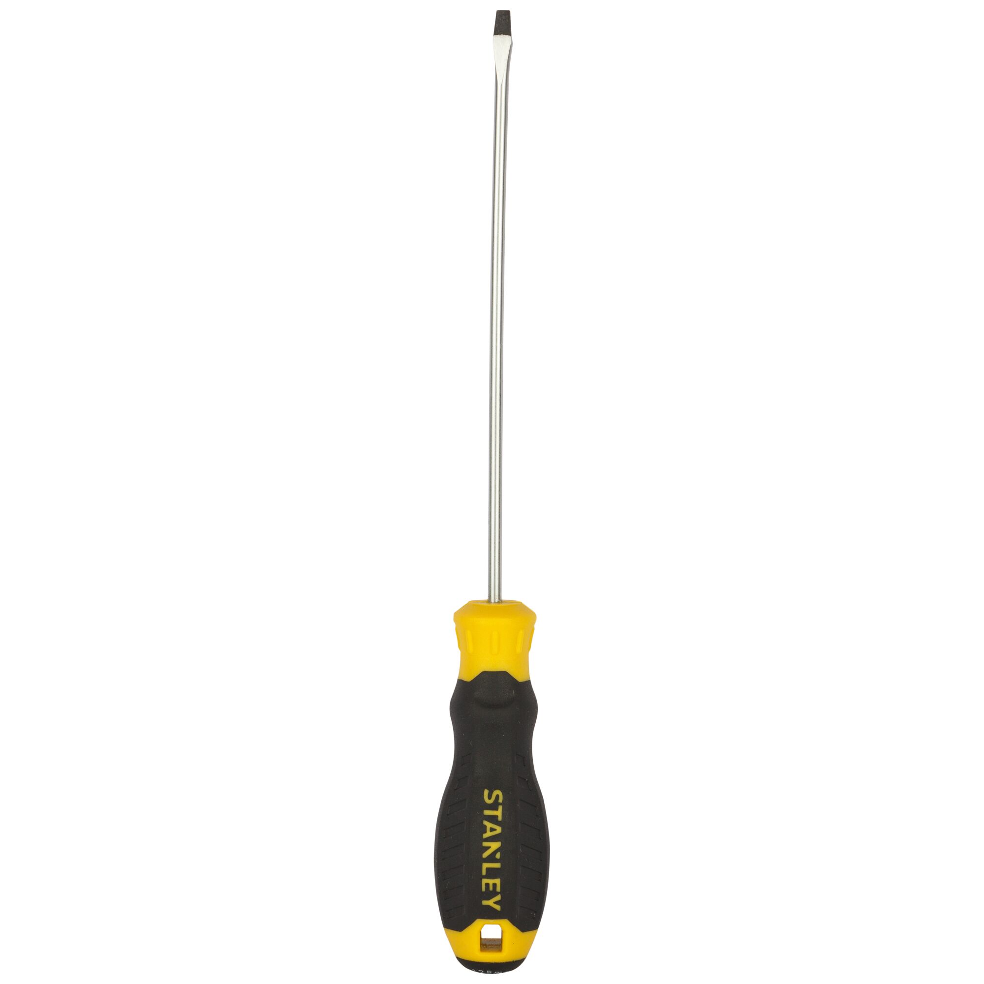 Photo of STANLEY STMT60819-8 flathead screwdriver with yellow and black handle, front view, white background.
