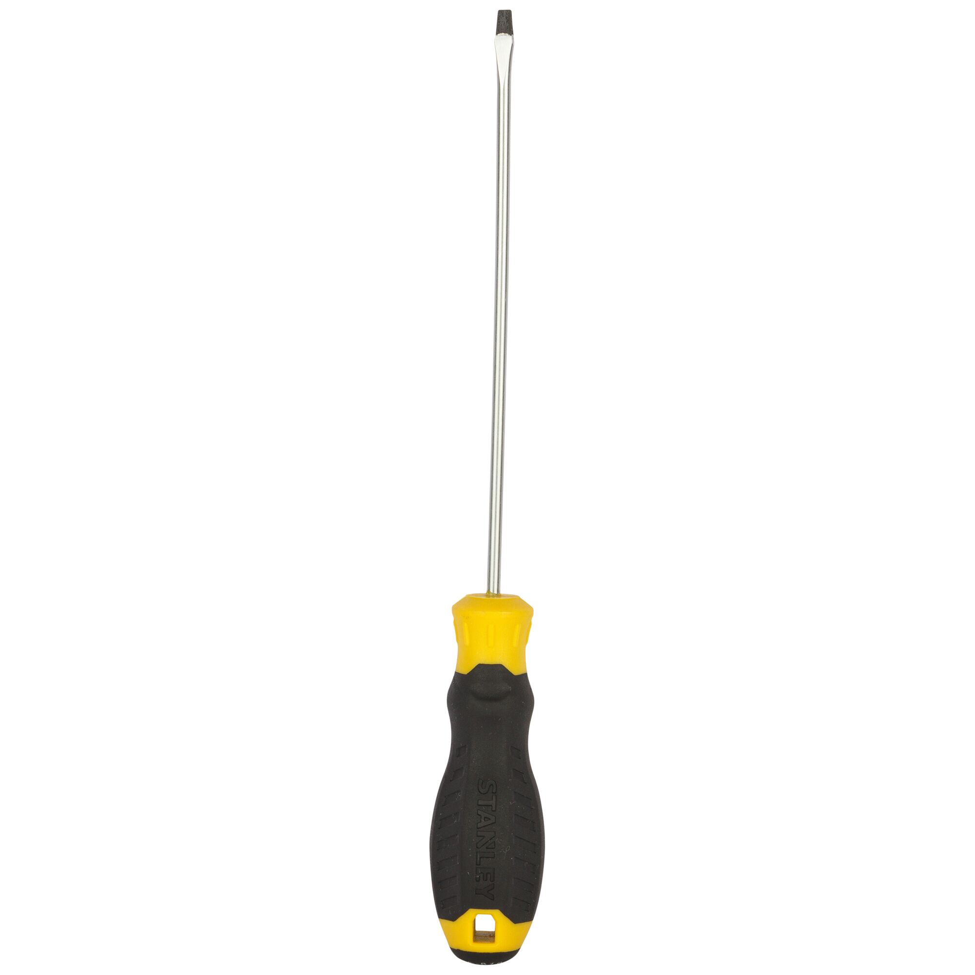 STANLEY STMT60819-8 slotted screwdriver with yellow and black handle, straight-on view, white background.