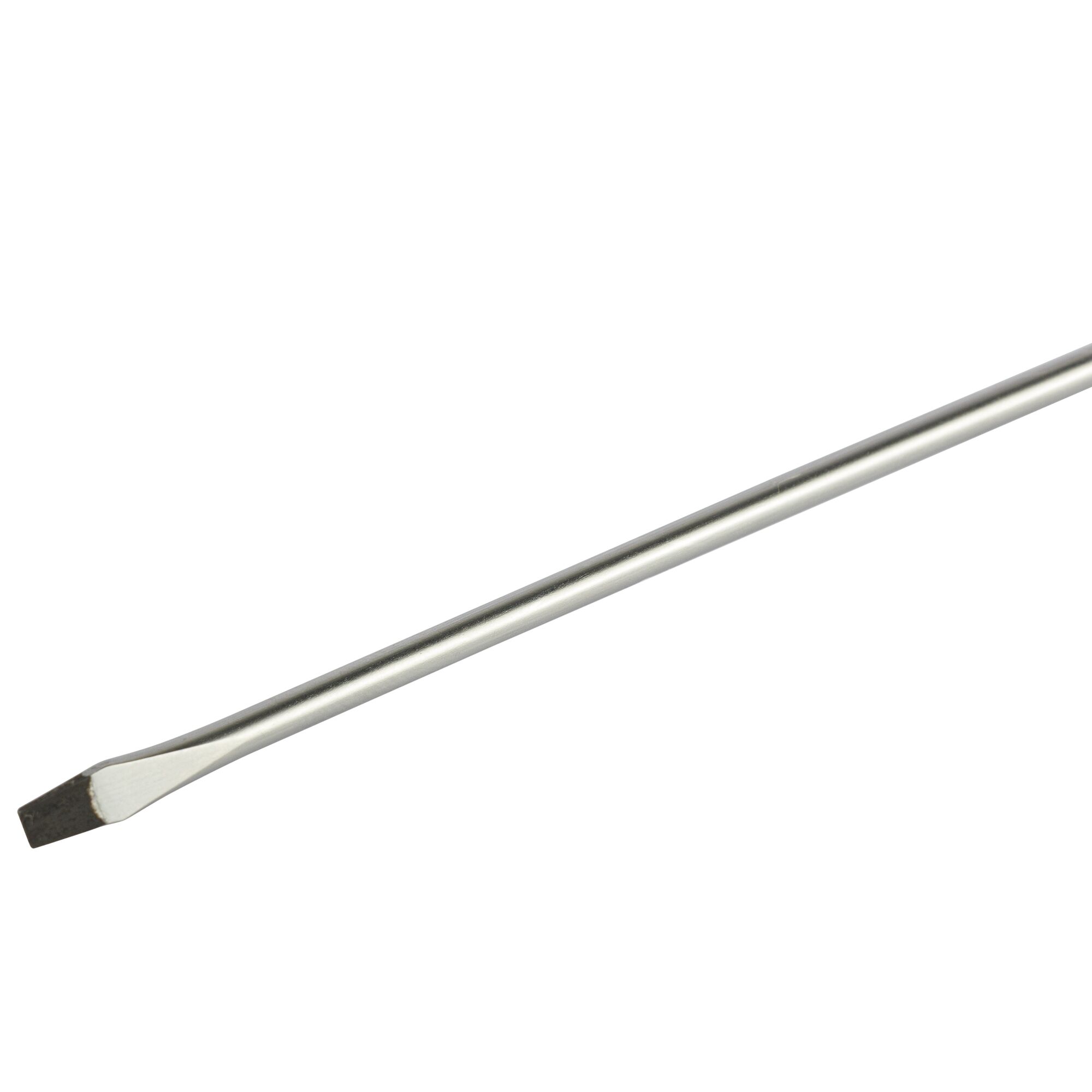 A close-up image of a metal flathead screwdriver with a straight shaft and a flat tip, isolated on a white background.