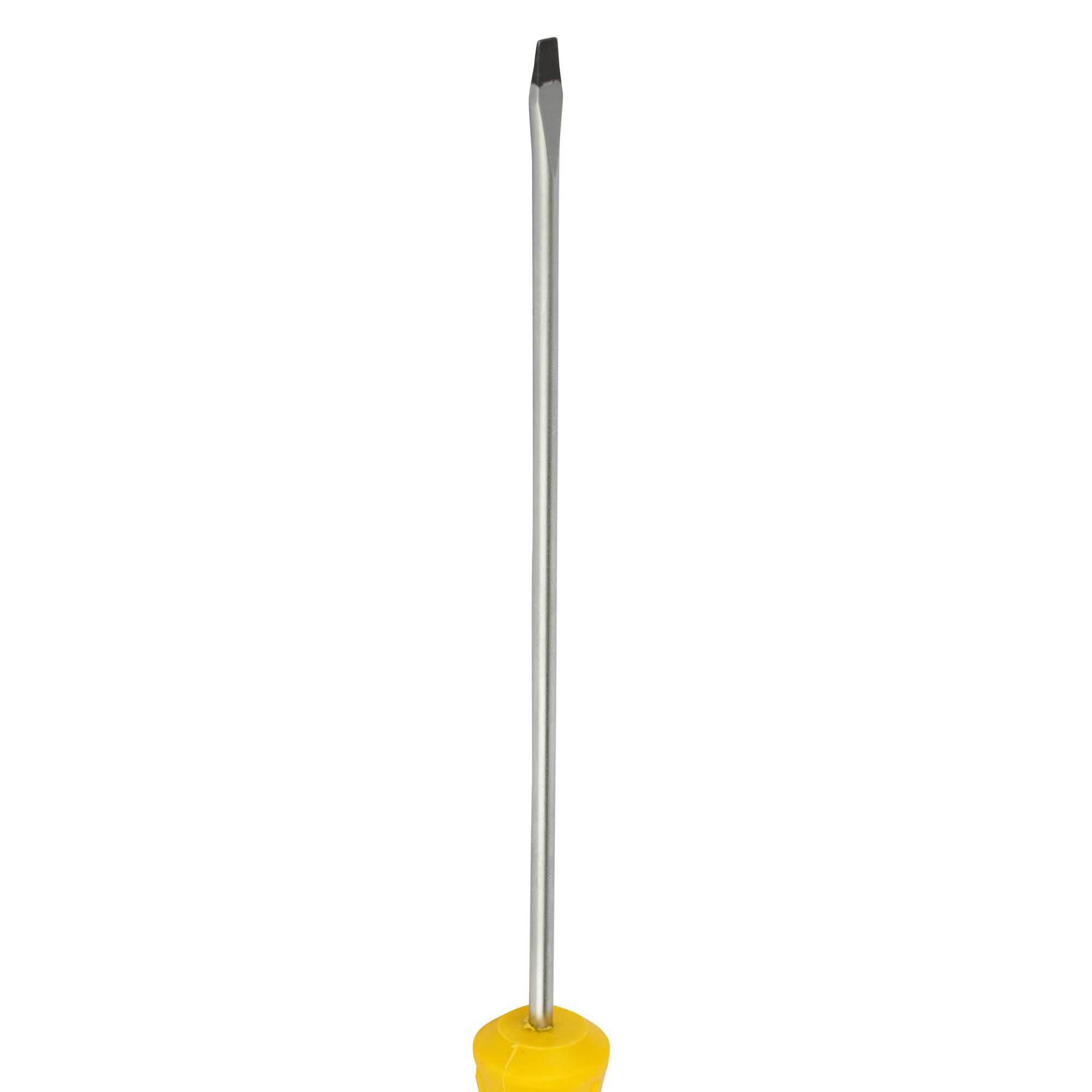STANLEY STMT60819-8 long shaft flathead screwdriver with yellow handle, front angle, white background.
