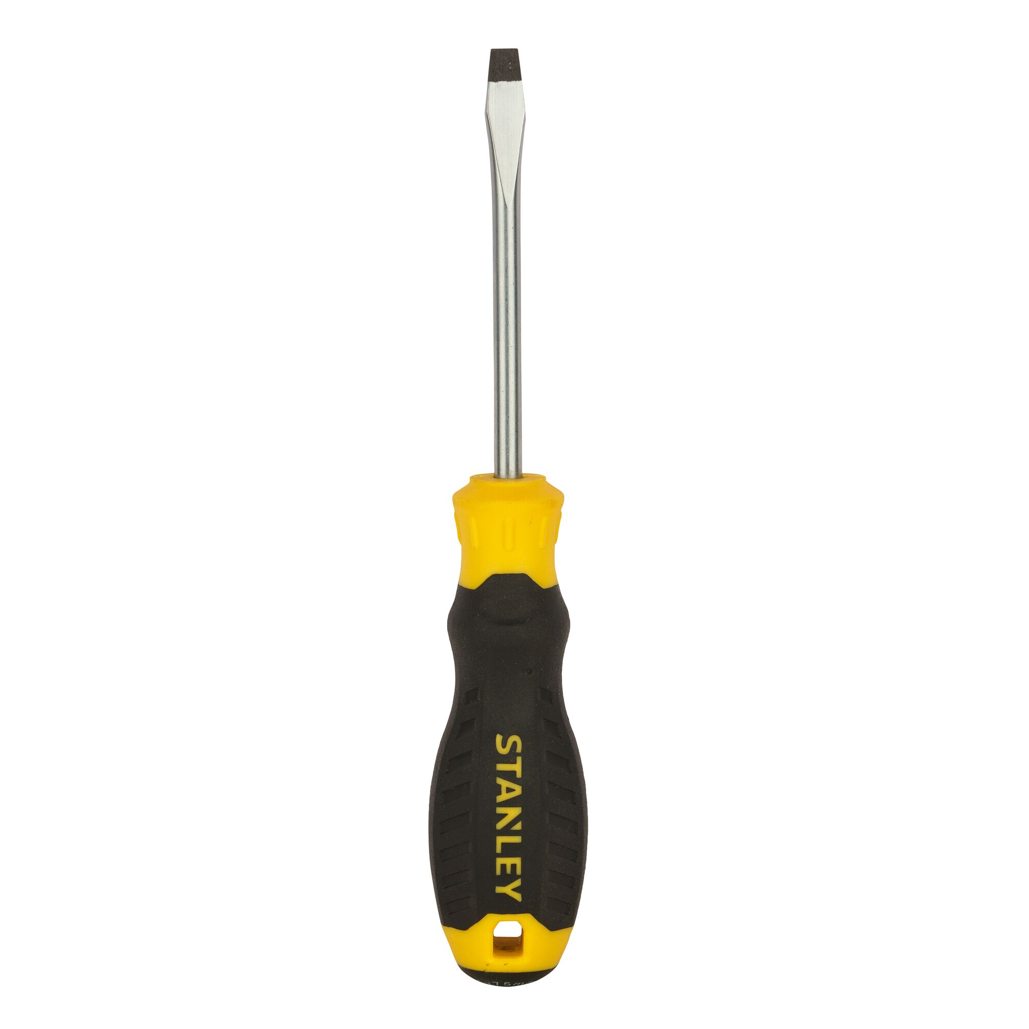 STANLEY STMT60821-8 slotted screwdriver with yellow and black handle, front angle, white background.