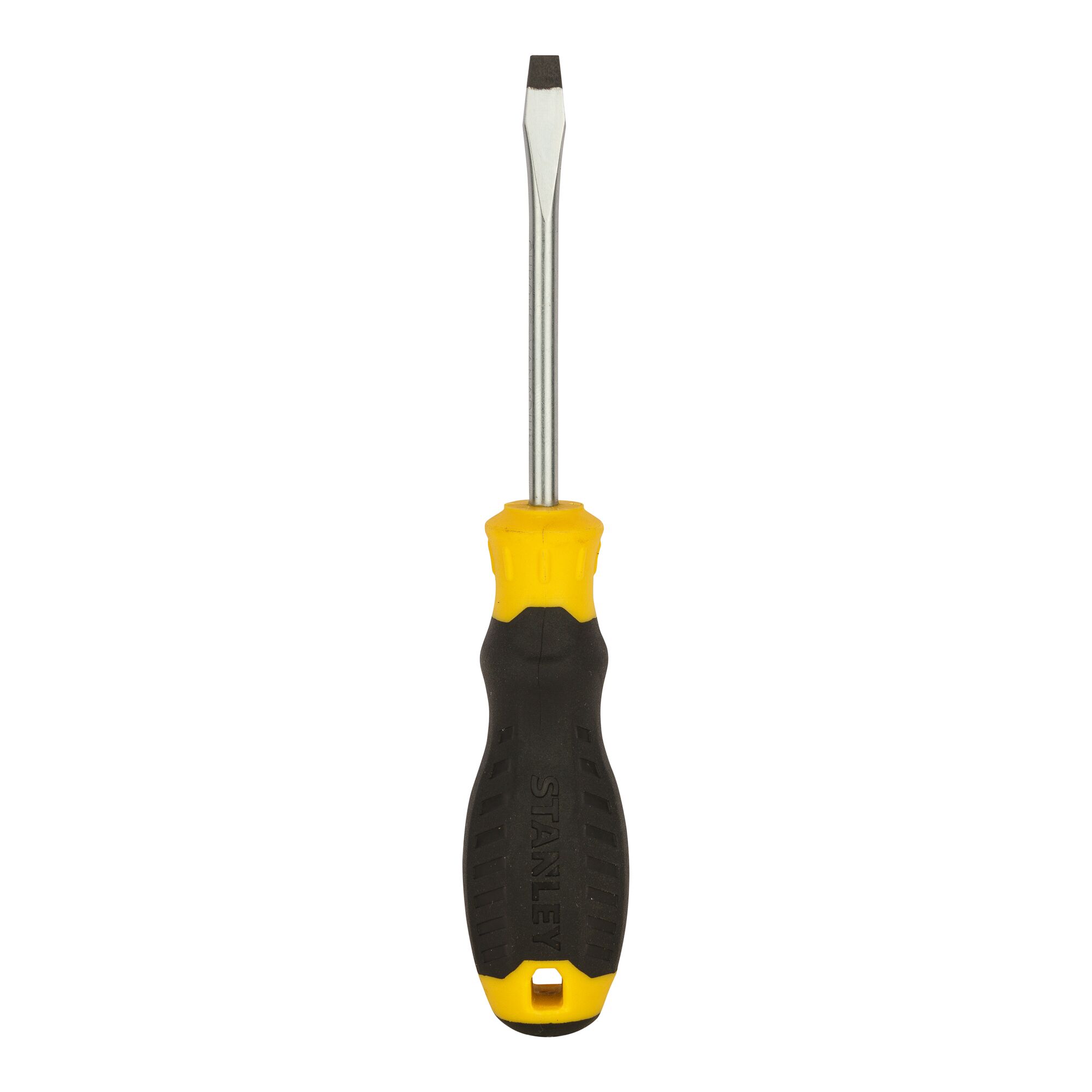STANLEY STMT60821-8 flathead screwdriver with black and yellow handle, front angle, white background.