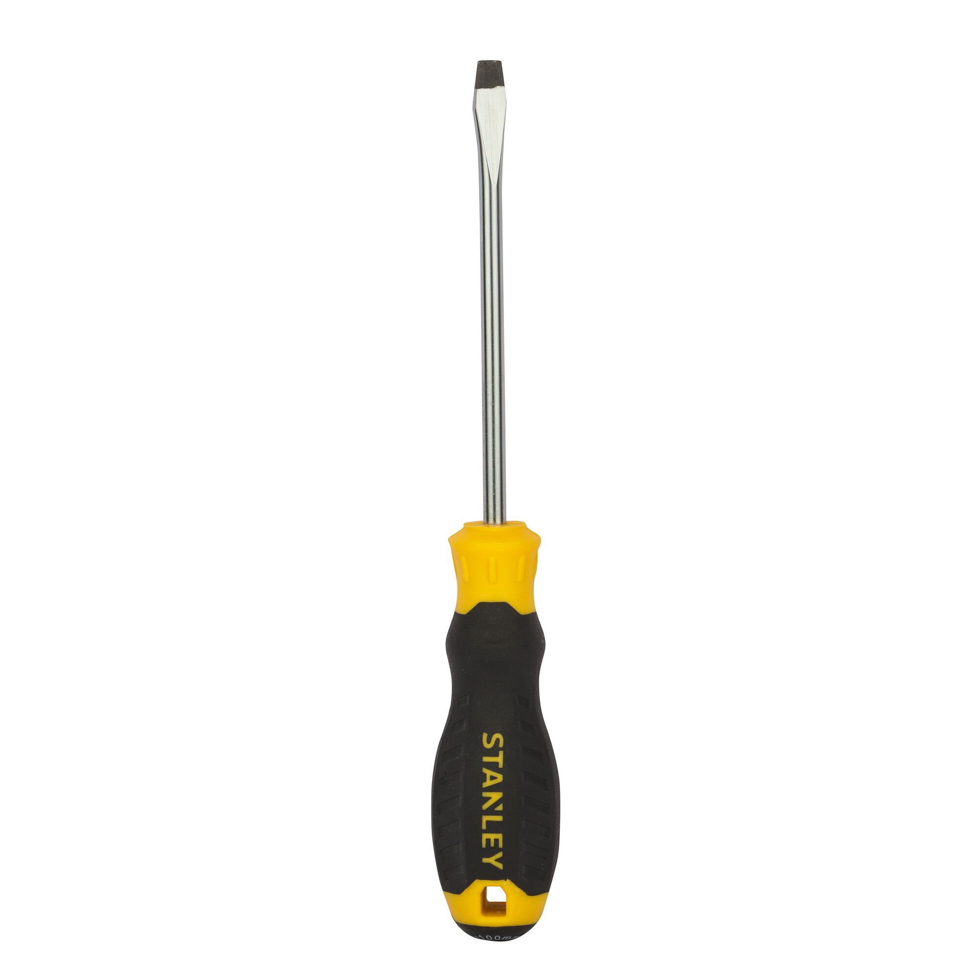 STANLEY STMT60822-8 flathead screwdriver with yellow and black handle, product front view on white background.