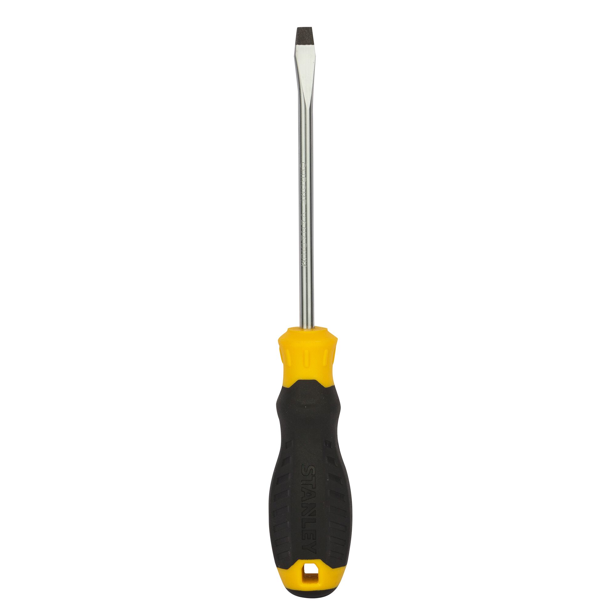 Photo of STANLEY STMT60822-8 flathead screwdriver with black and yellow ergonomic handle, front view on white background.